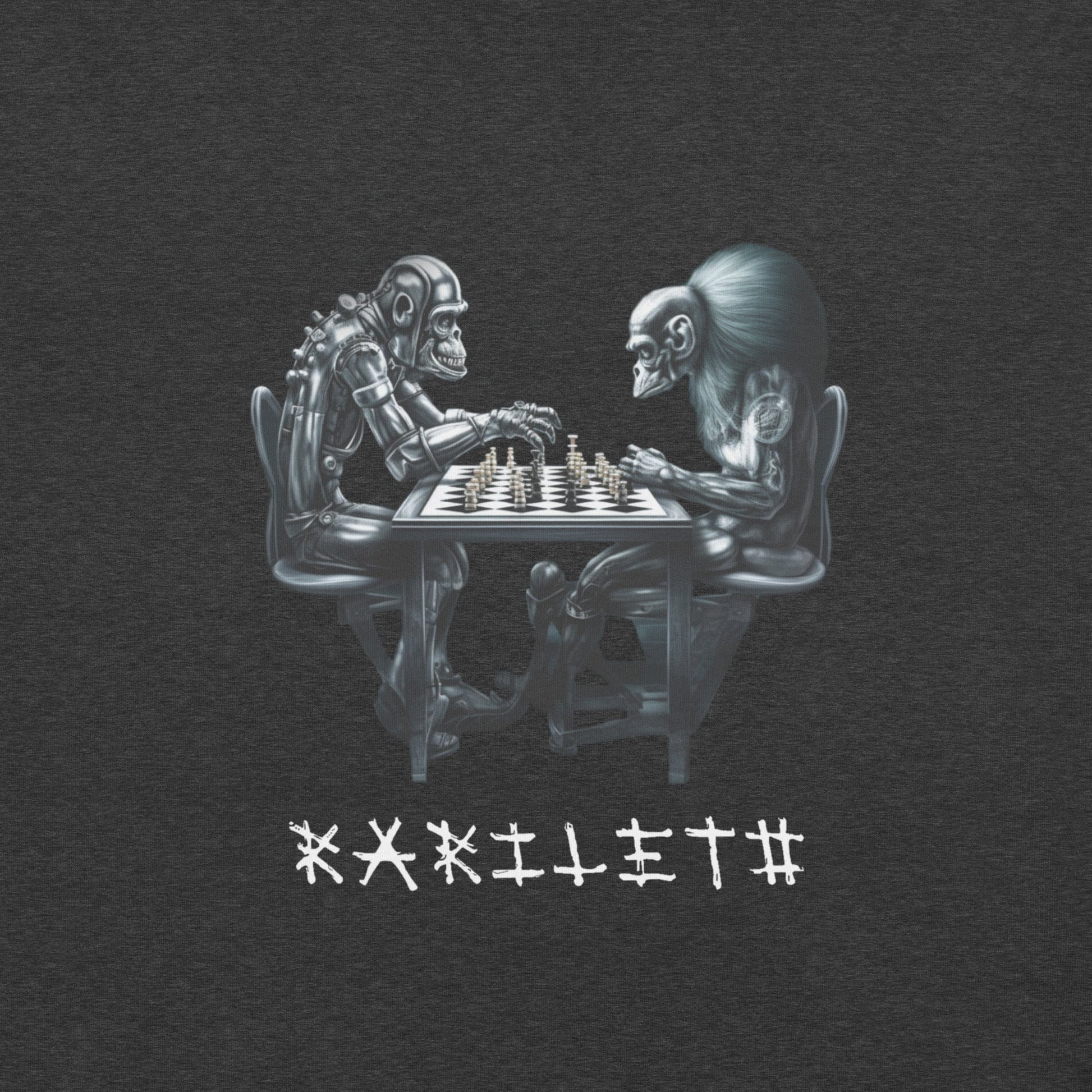 Back Dark Gray Heather: FUTURISTIC ROBOT MONKEY CHESS PLAYERS Premium Crewneck T-Shirt in Dark Gray Heather