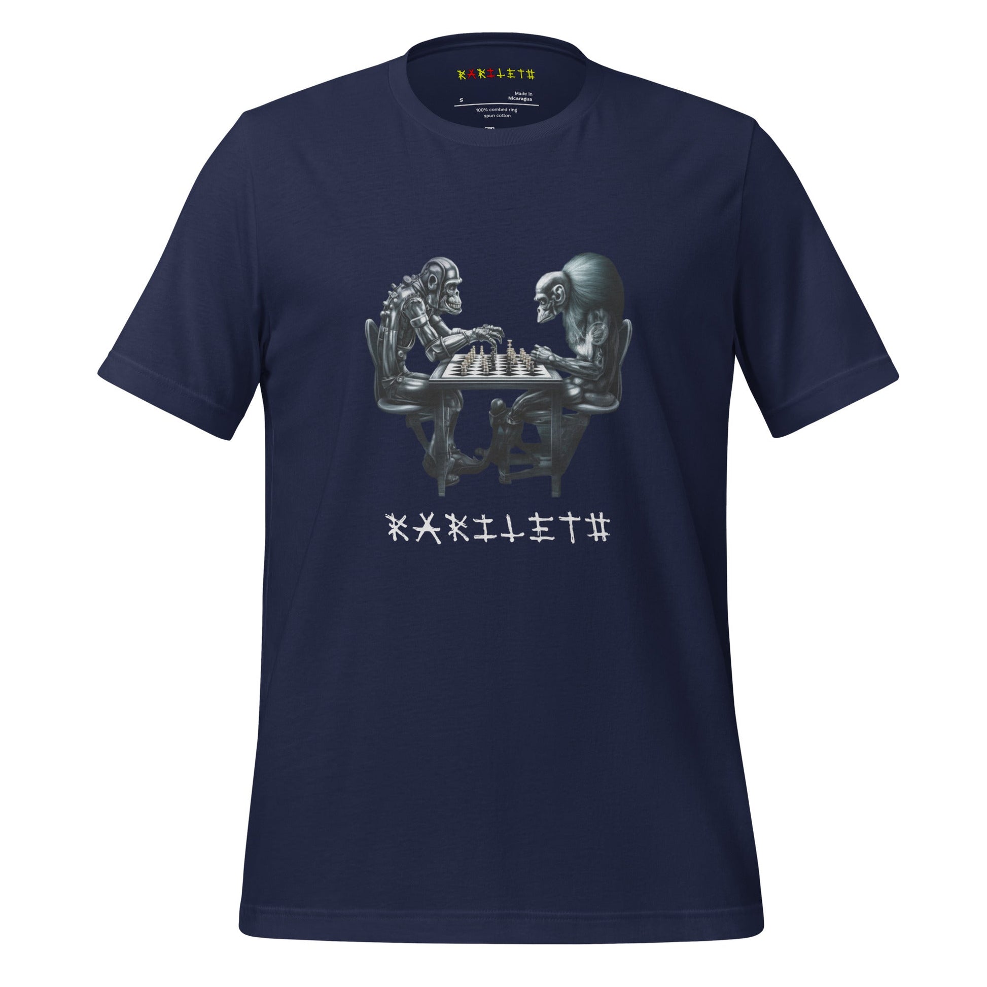 Front Ghost Navy: FUTURISTIC ROBOT MONKEY CHESS PLAYERS Premium Crewneck T-Shirt in Navy (Front Ghost View)