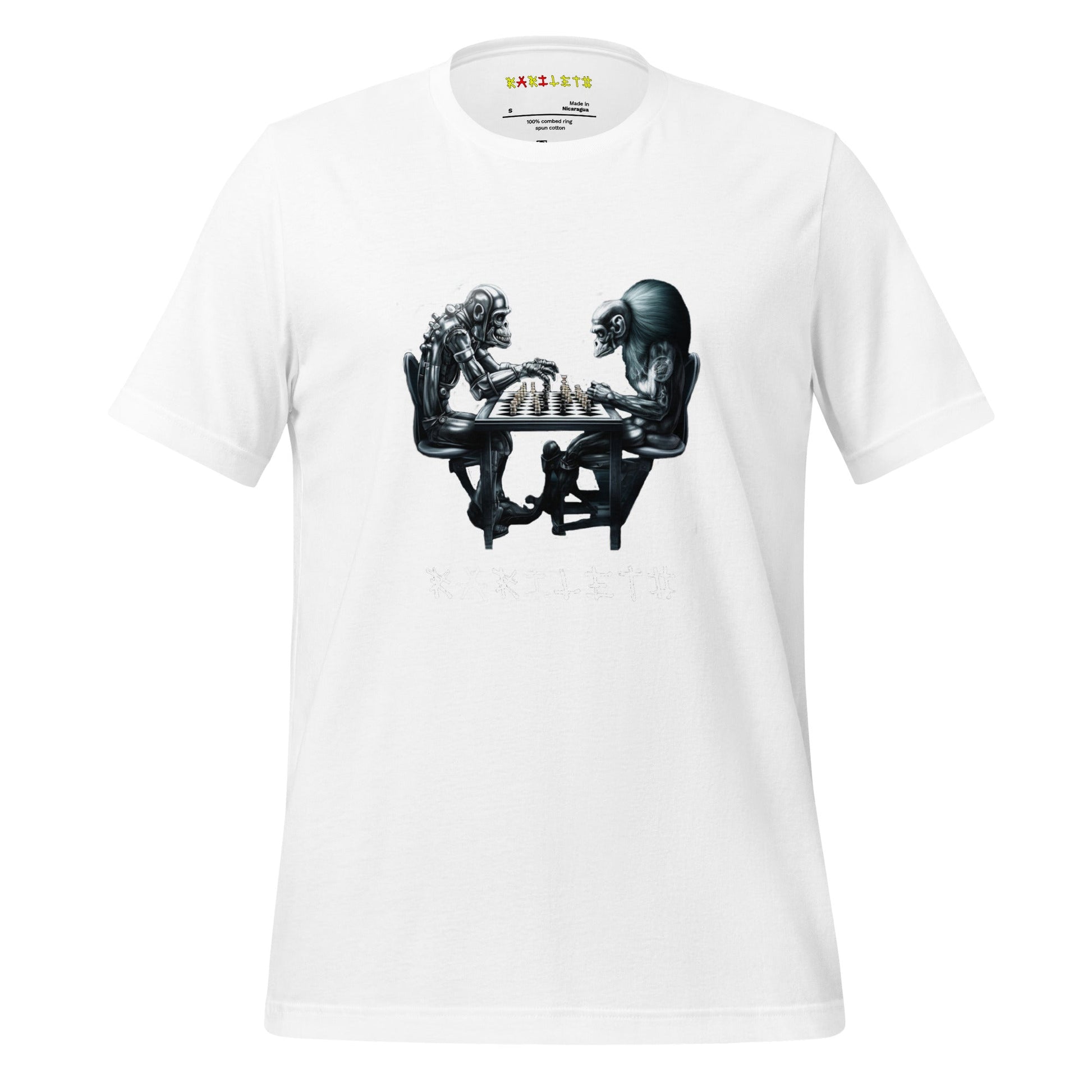 Front Ghost White: FUTURISTIC ROBOT MONKEY CHESS PLAYERS Premium Crewneck T-Shirt in White (Front Ghost View)