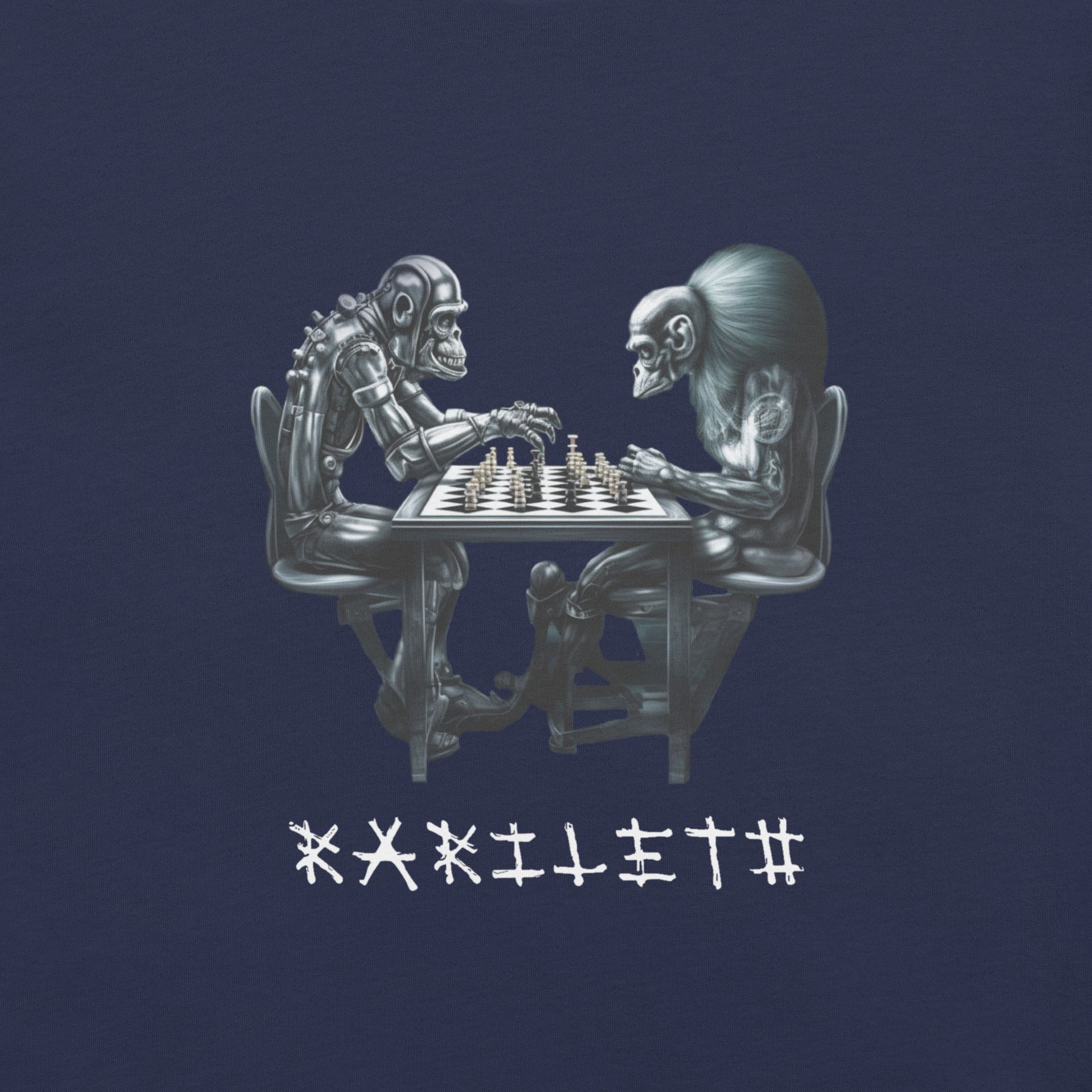 Design Front Navy: FUTURISTIC ROBOT MONKEY CHESS PLAYERS Premium Crewneck T-Shirt in Navy (Design View)