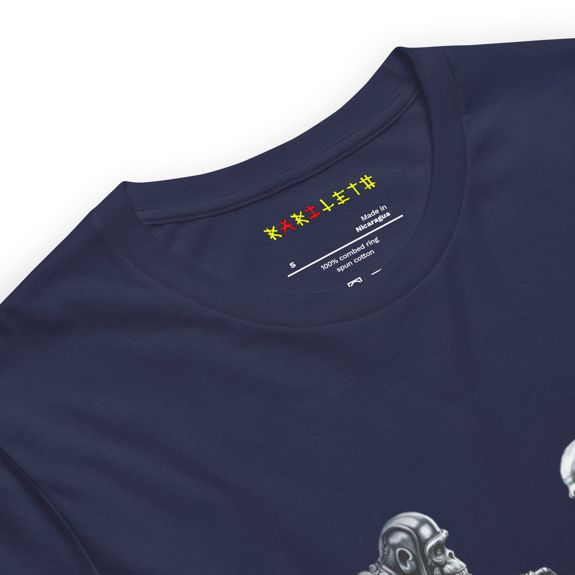 Neck Navy: FUTURISTIC ROBOT MONKEY CHESS PLAYERS Premium Crewneck T-Shirt in Navy (Neck View)