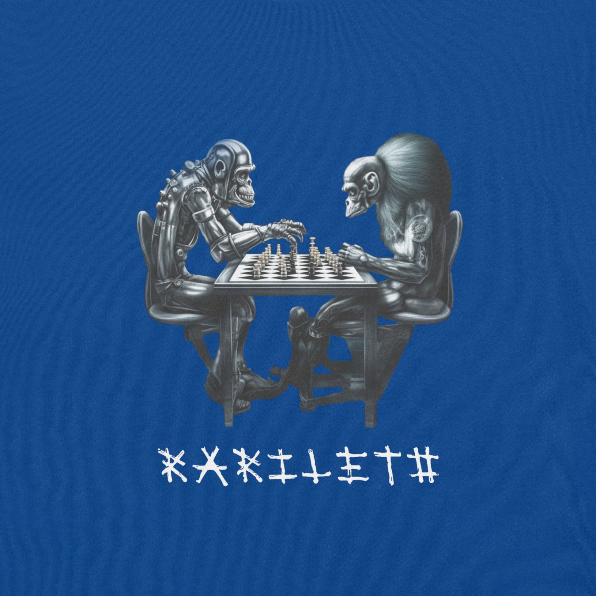 Design Front Royal: FUTURISTIC ROBOT MONKEY CHESS PLAYERS Premium Crewneck T-Shirt in Royal (Design View)