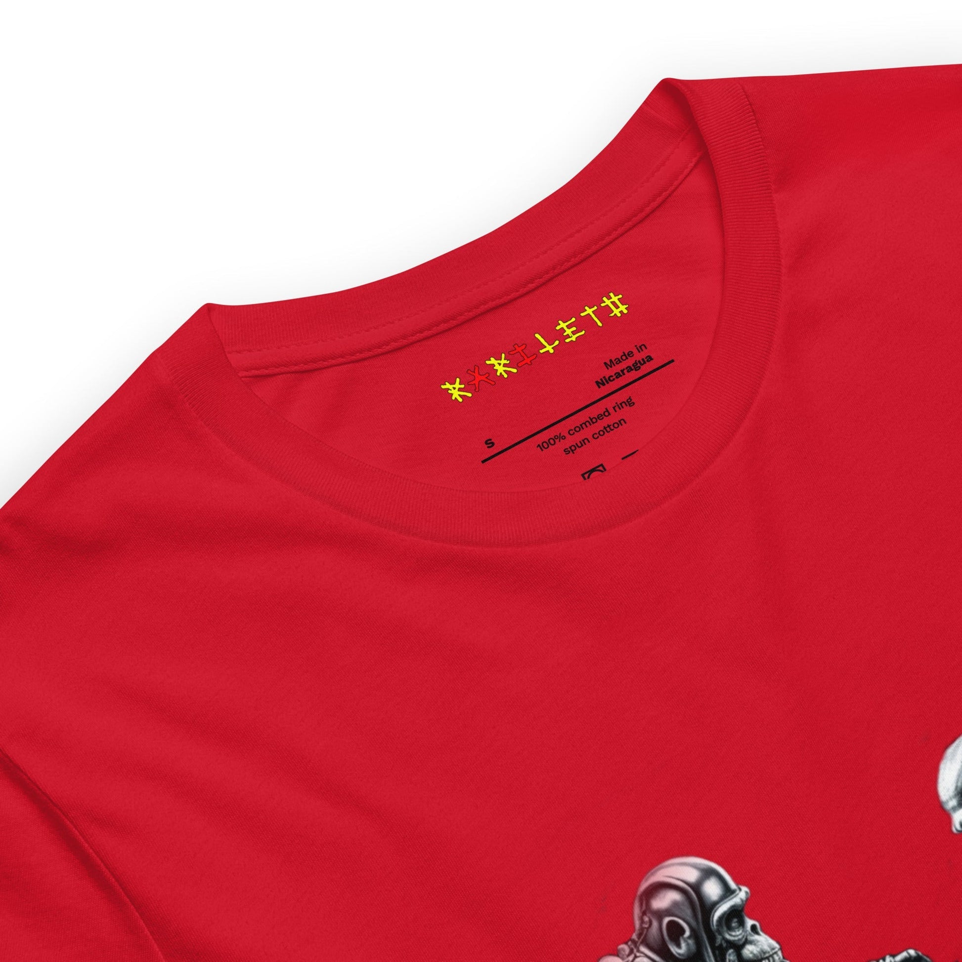 Neck Red: FUTURISTIC ROBOT MONKEY CHESS PLAYERS Premium Crewneck T-Shirt in Red (Neck View)