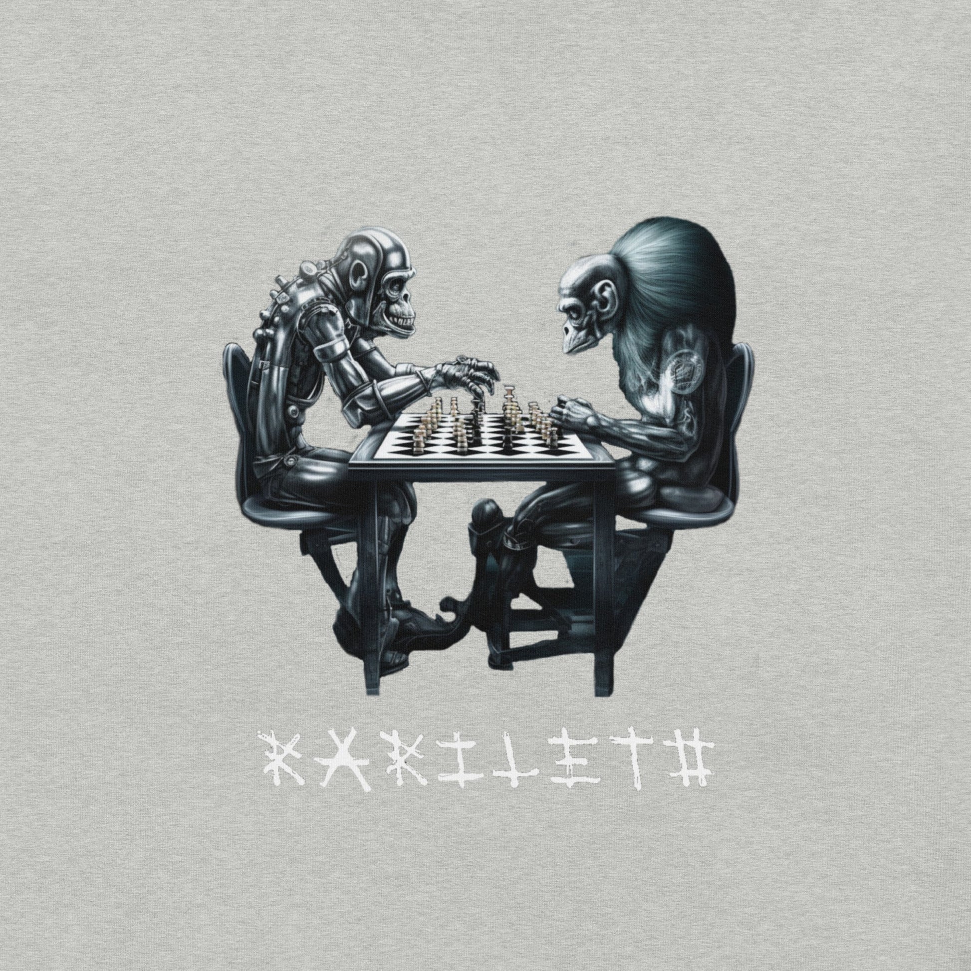 FUTURISTIC ROBOT MONKEY CHESS PLAYERS Premium Crewneck T-Shirt in Athletic Heather (Design View)