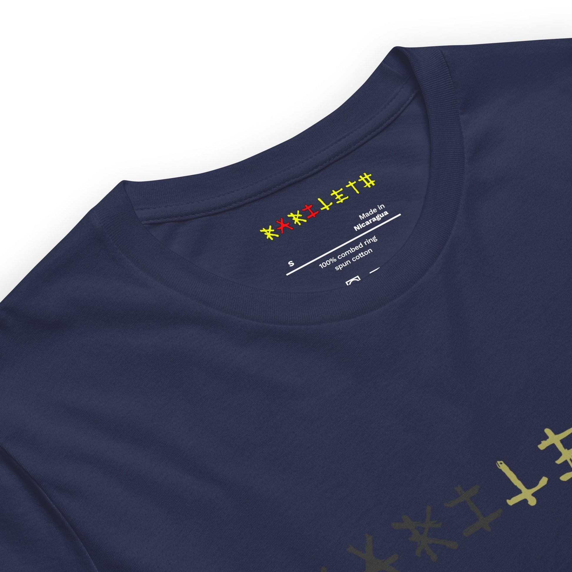 Neck Navy: GLOWING BUTTERFLY Premium Crewneck T-Shirt in Navy (Neck View)