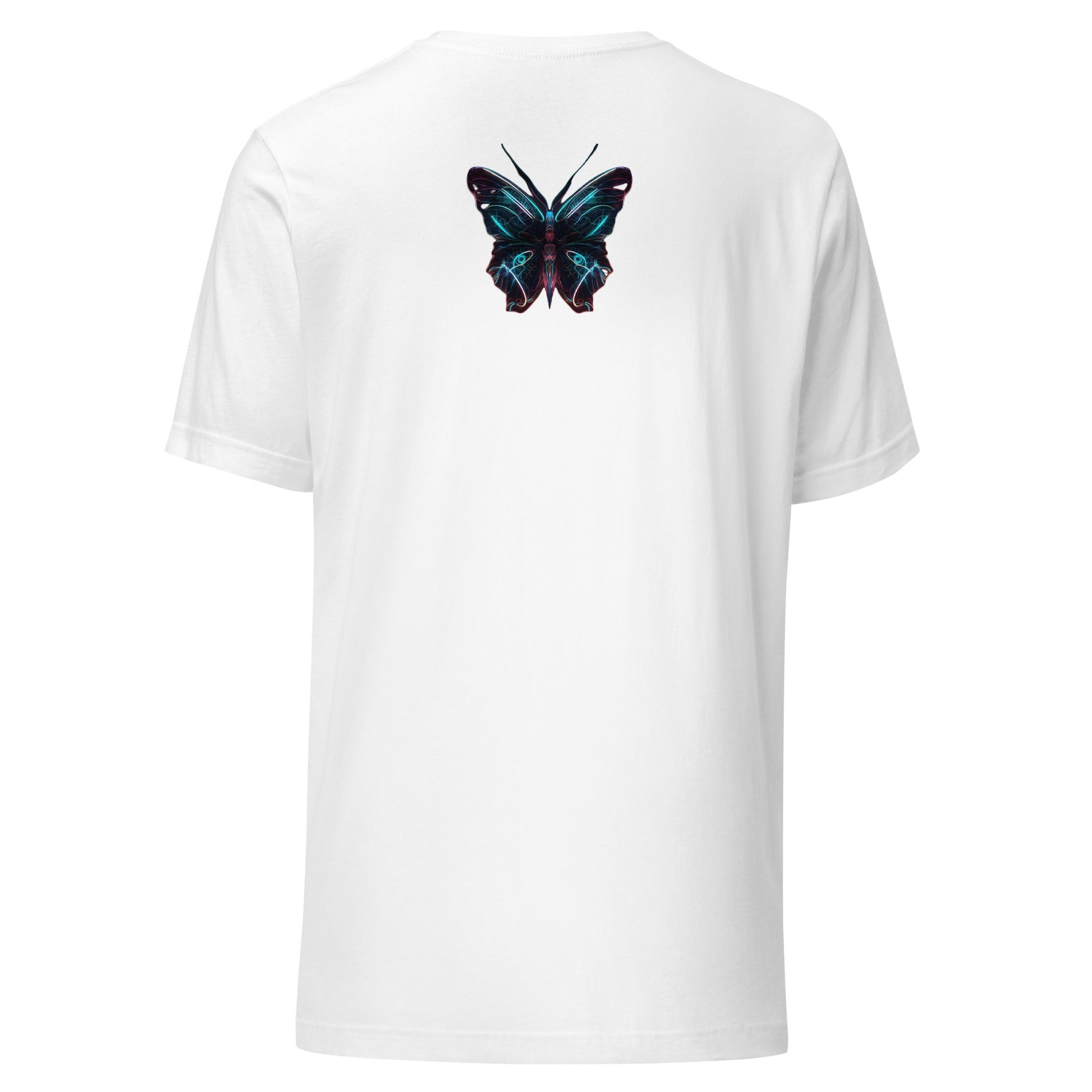 Back Ghost in White: GLOWING BUTTERFLY Premium Crewneck T-Shirt in White (Back Ghost View)