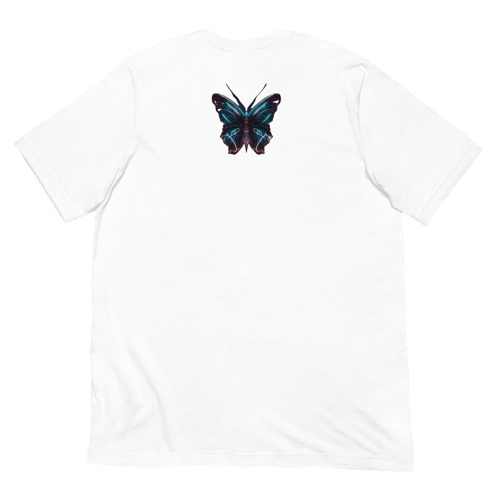 GLOWING BUTTERFLY Premium Crewneck T-Shirt - Rarileto- Back View in White