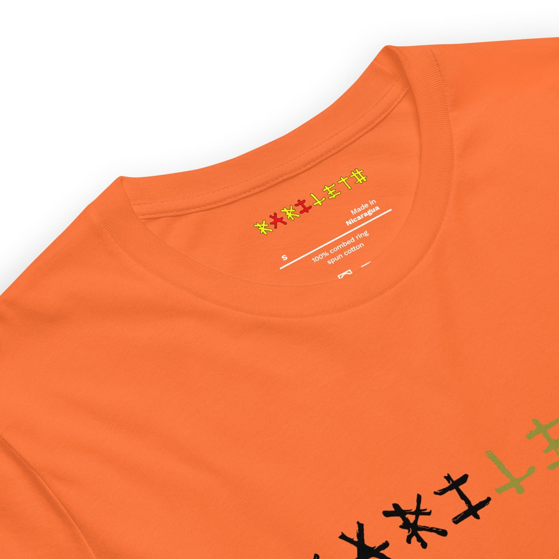 Neck Orange: GLOWING BUTTERFLY Premium Crewneck T-Shirt in Orange (Neck View)