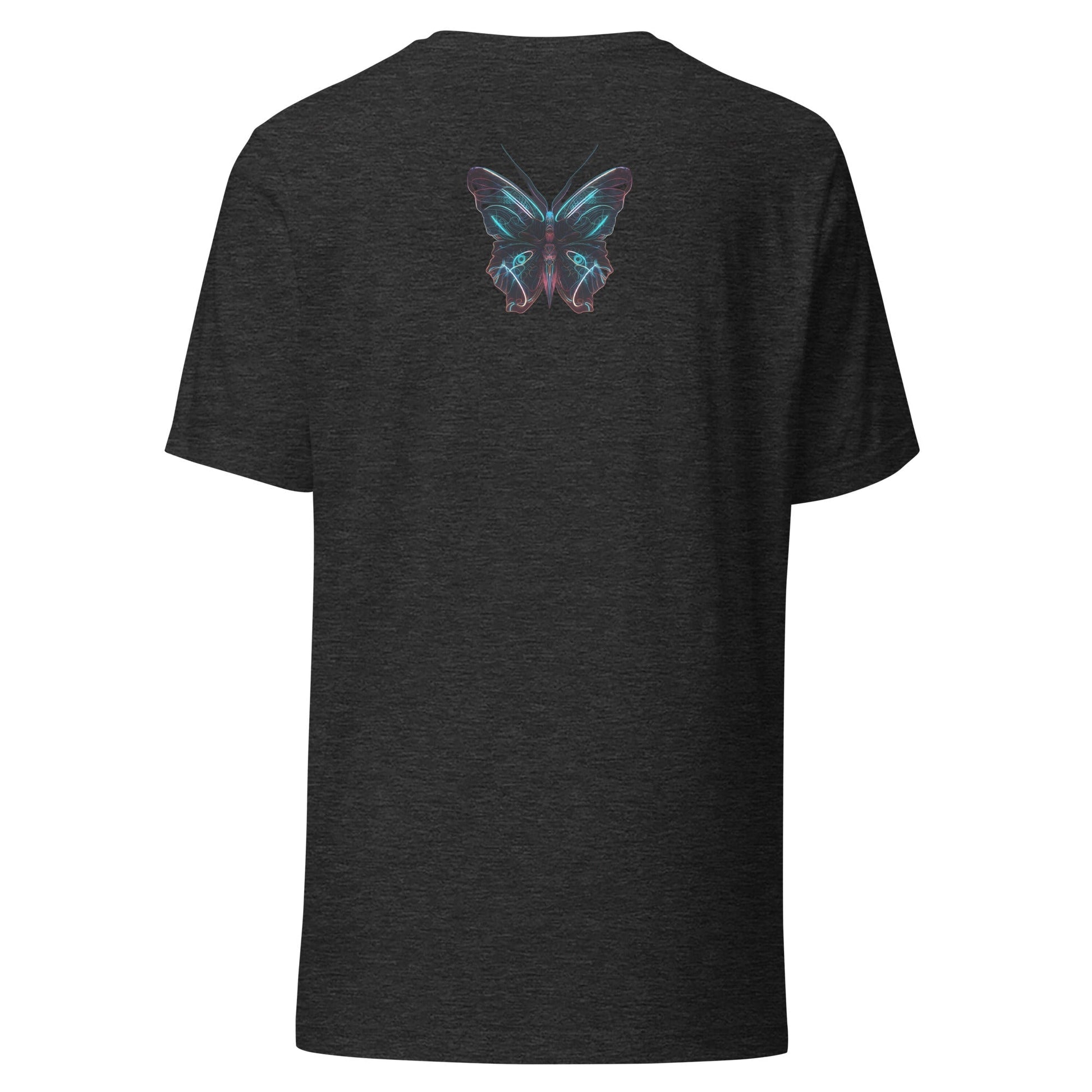 Back Ghost Dark Gray Heather: GLOWING BUTTERFLY Premium Crewneck T-Shirt in Dark Gray Heather (Back Ghost View)