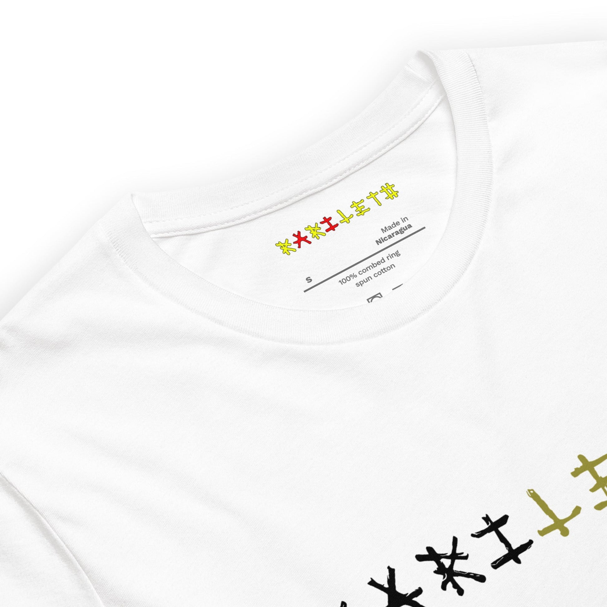 Neck White: GLOWING BUTTERFLY Premium Crewneck T-Shirt in White (Neck View)