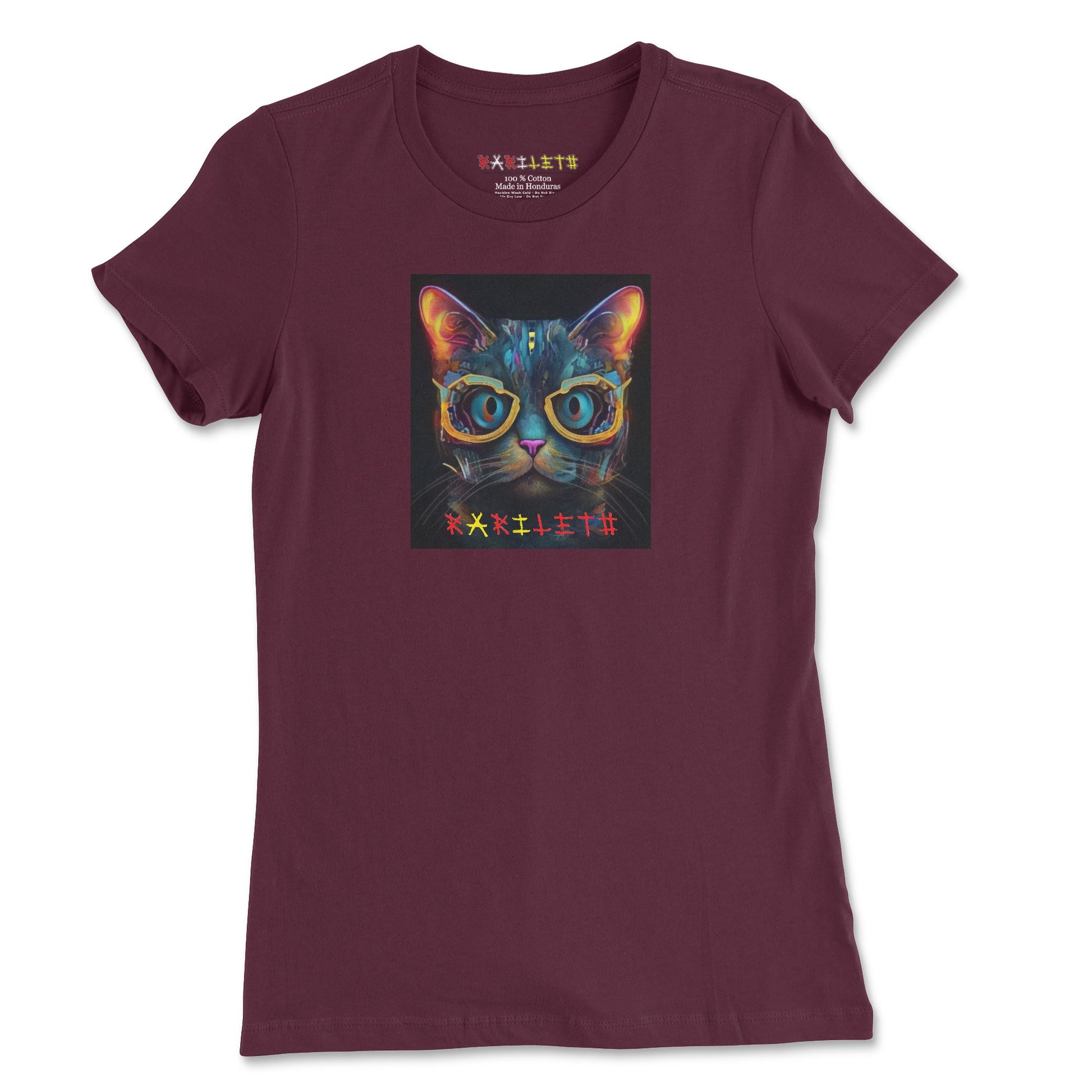 GLOWING CAT PORTRAIT Premium Tee in Maroon - Rarileto - Front View