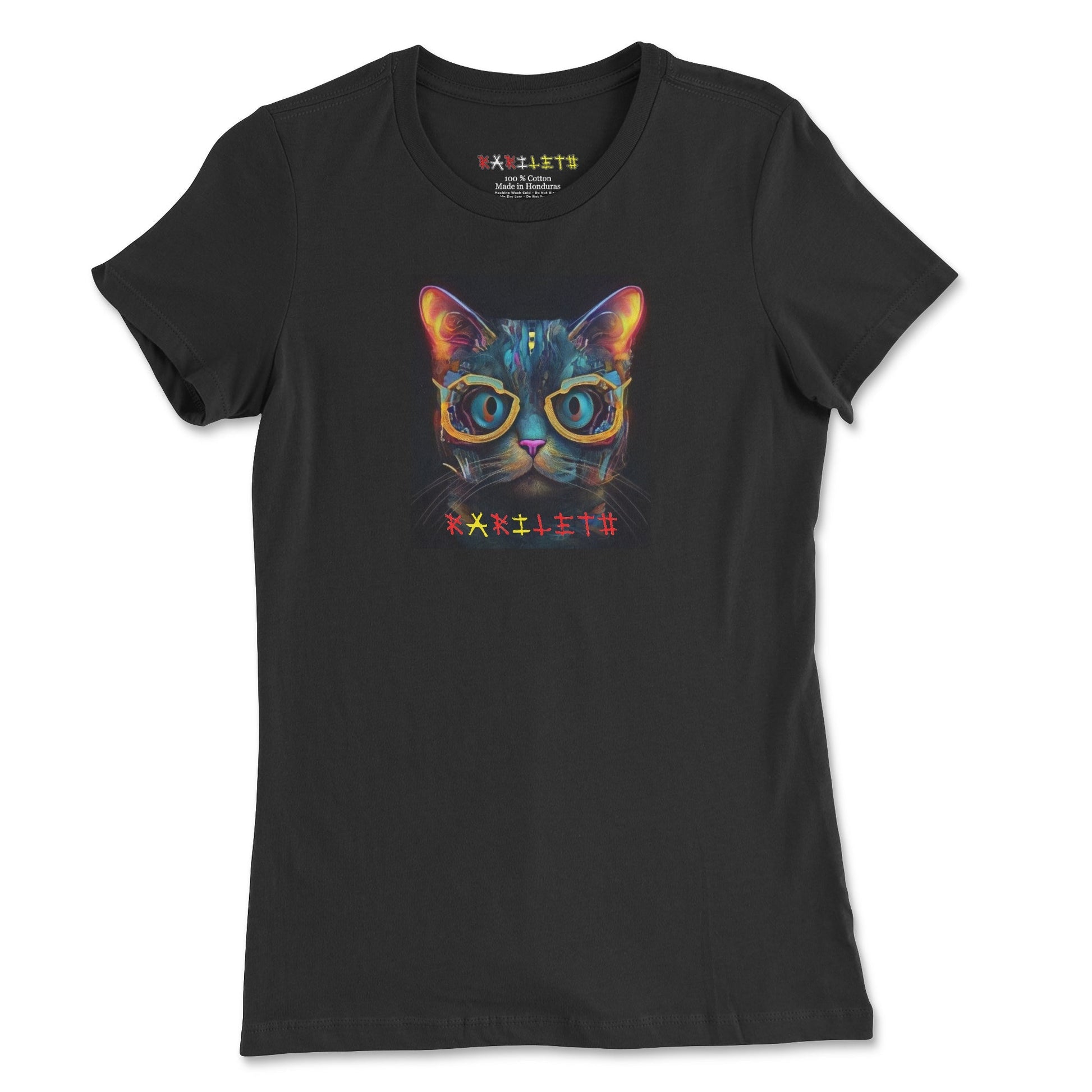 GLOWING CAT PORTRAIT Premium Tee in Black - Rarileto - Front View