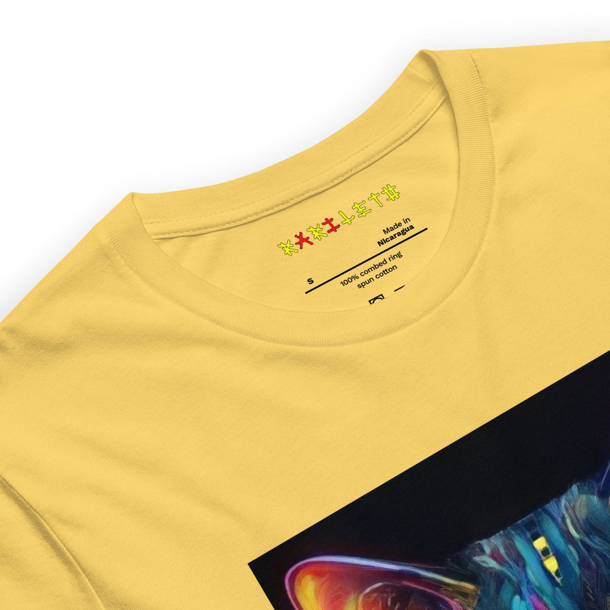 Neck Maize Yellow: GLOWING CAT Premium Crewneck T-Shirt in Maize Yellow (Neck View)