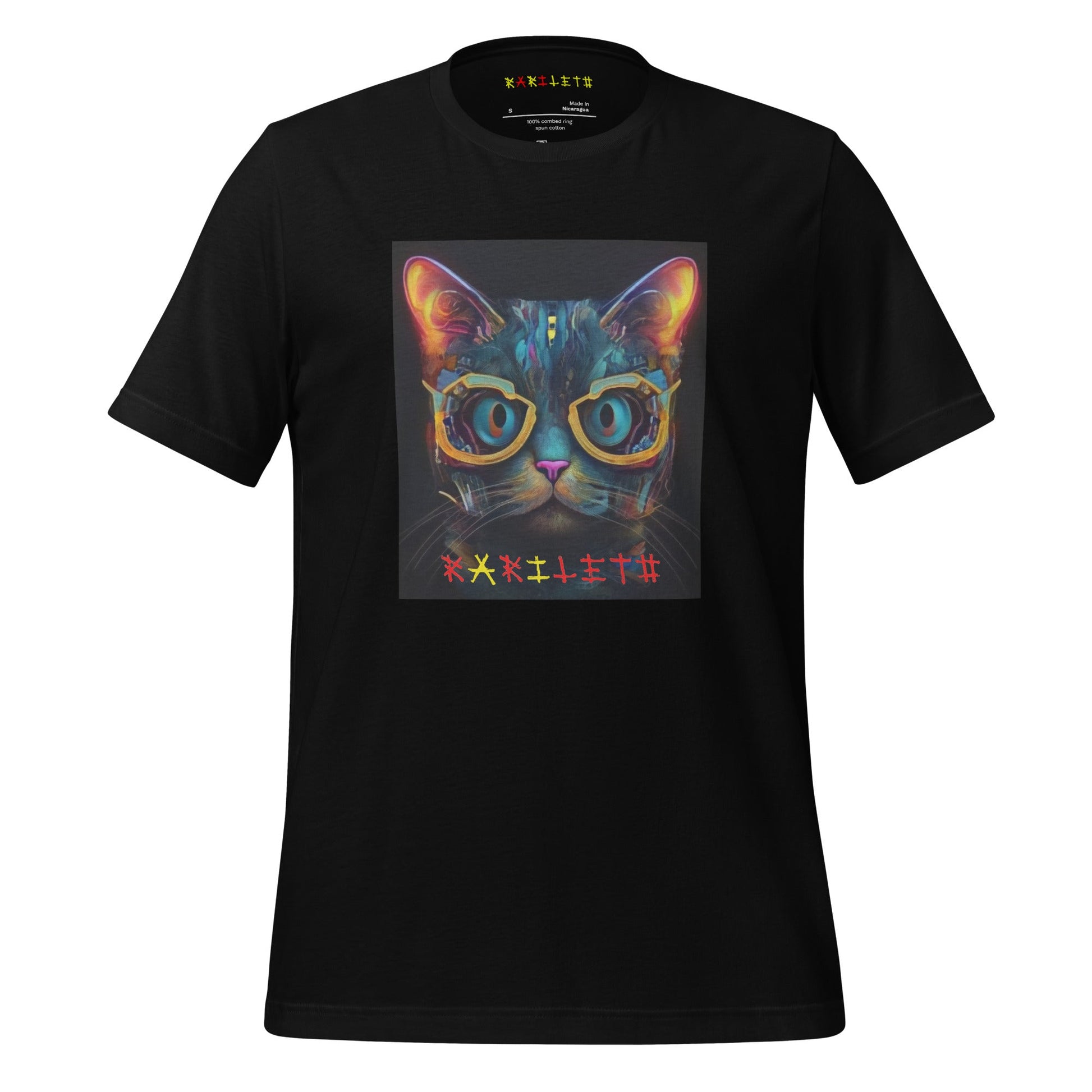 Front View Ghost Black: GLOWING CAT Premium Crewneck T-Shirt in Black (Front Ghost View)