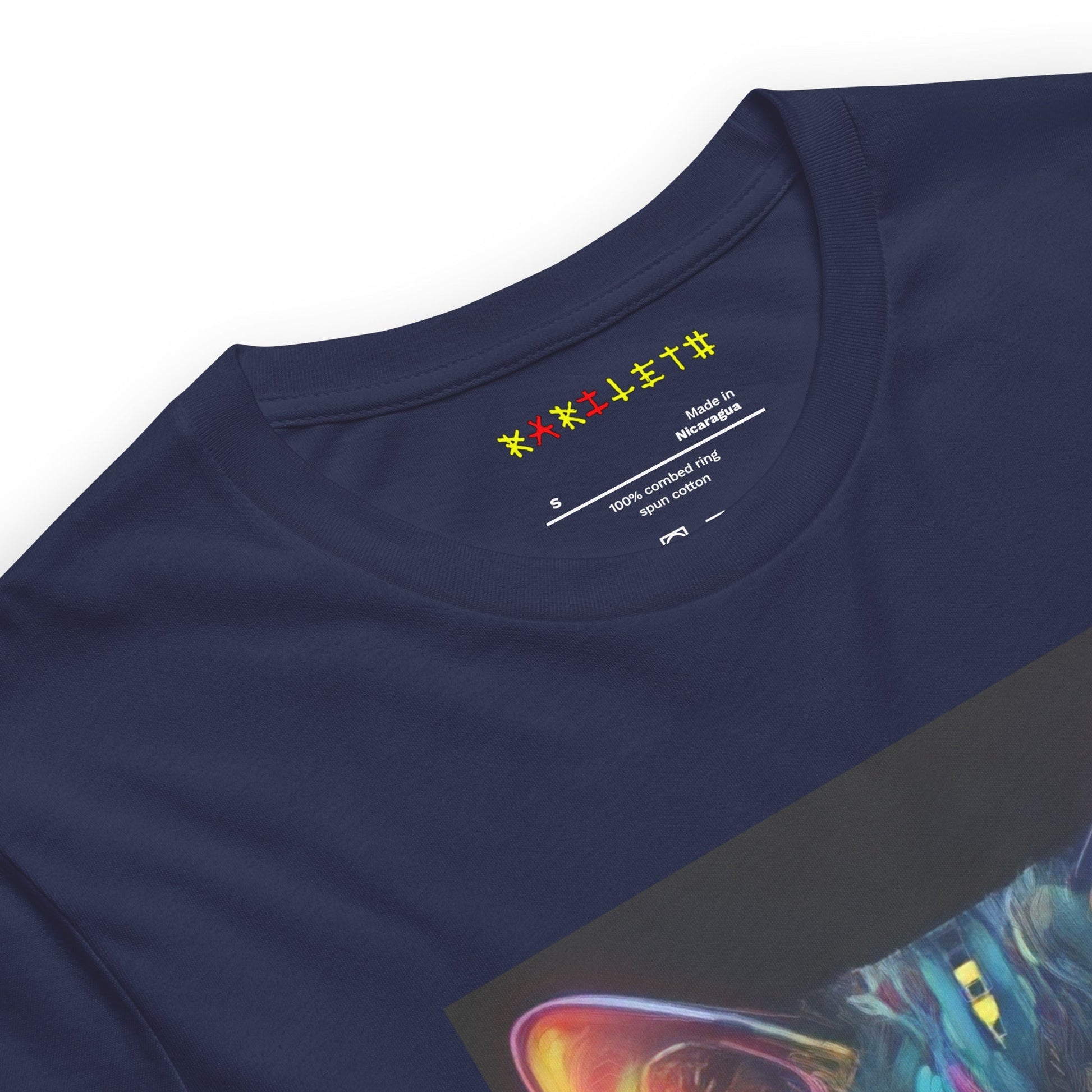 Neck Navy: GLOWING CAT Premium Crewneck T-Shirt in Navy (Neck View)