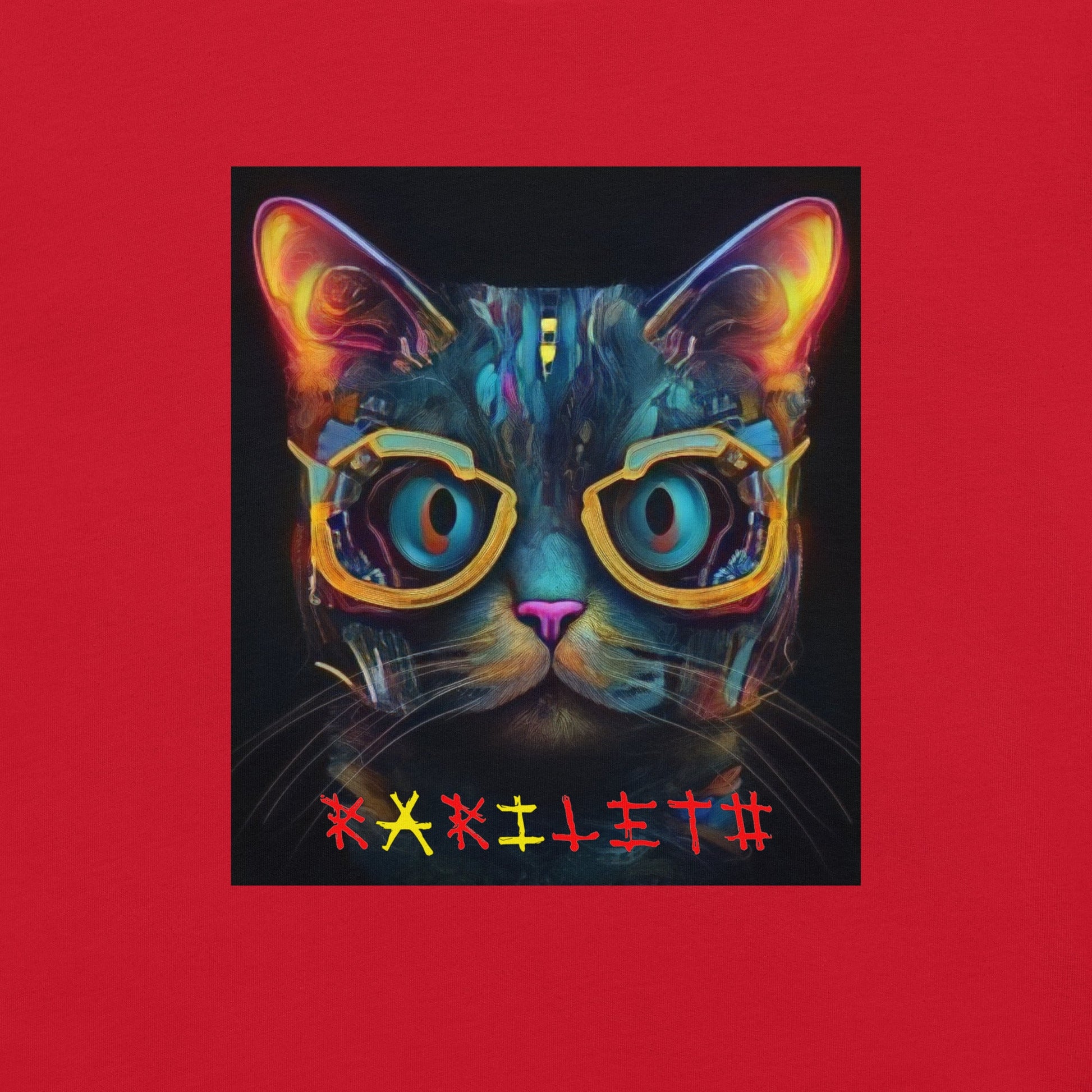 Design Front Red: GLOWING CAT Premium Crewneck T-Shirt in Red (Design View)