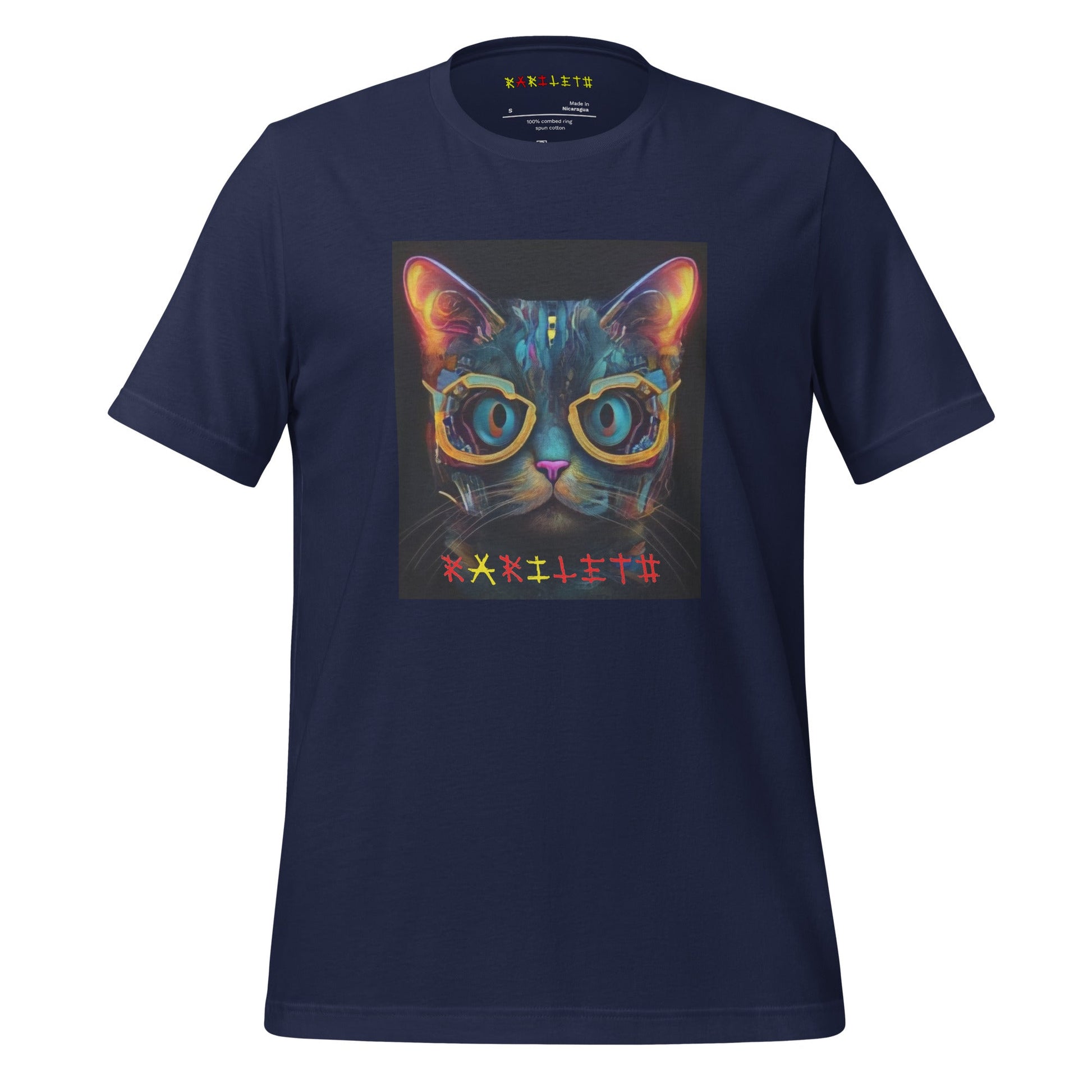 Front Ghost Navy: GLOWING CAT Premium Crewneck T-Shirt in Navy (Front Ghost View)