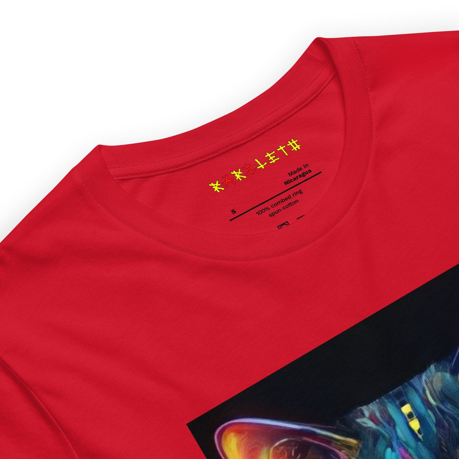 Neck Red: GLOWING CAT Premium Crewneck T-Shirt in Red (Neck View)