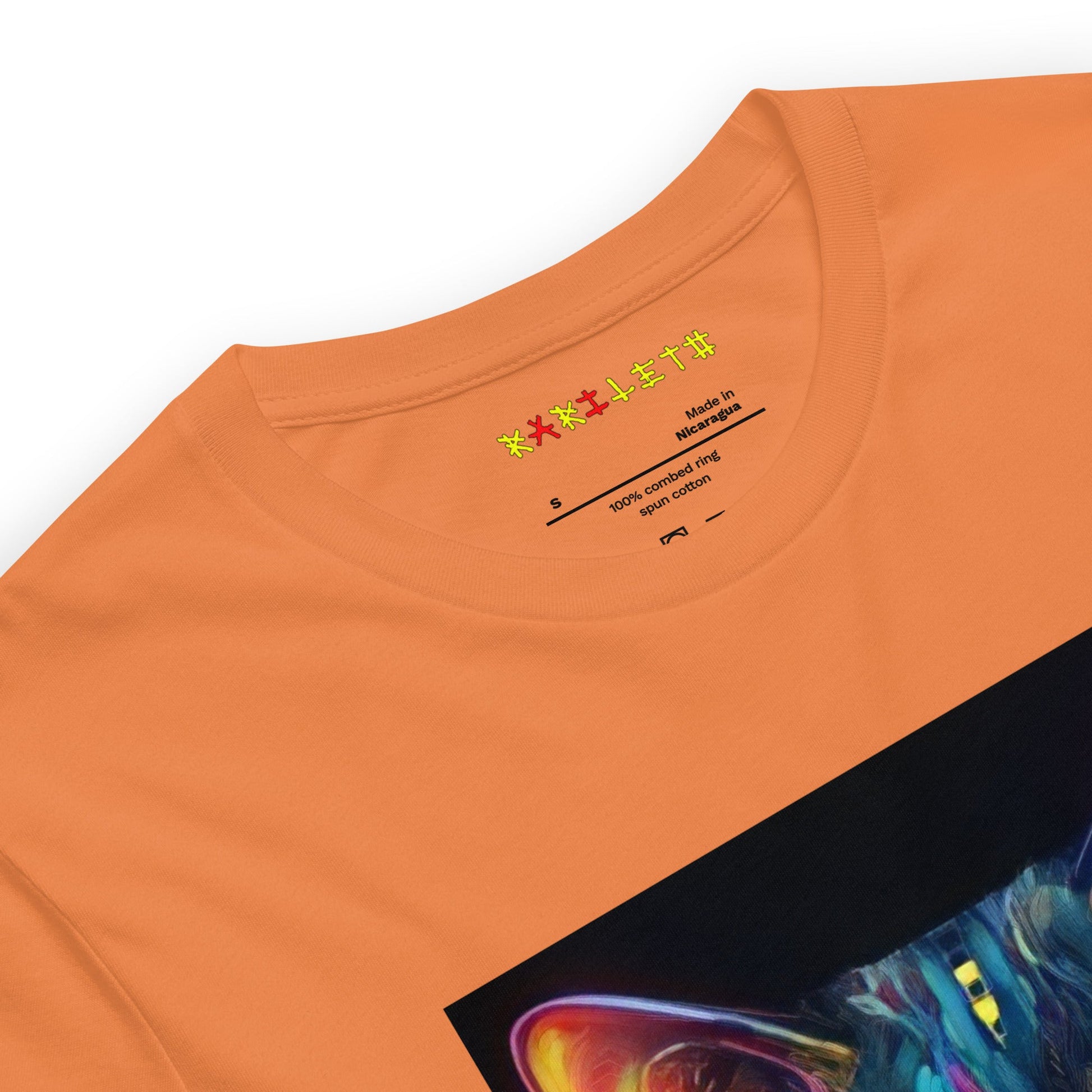 Neck Coral: GLOWING CAT Premium Crewneck T-Shirt in Coral (Neck View)