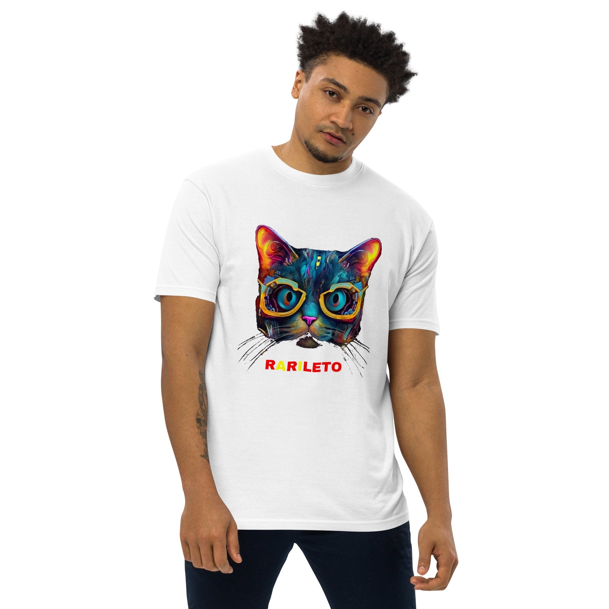 White Front View of GLOWING CAT Premium Heavyweight T-Shirt on a Hanger