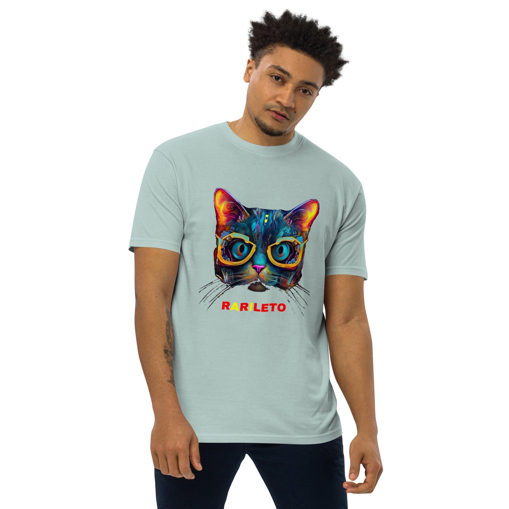 GLOWING CAT Premium Heavyweight T-Shirt - Color Agave - Front View on Model - Rarileto
