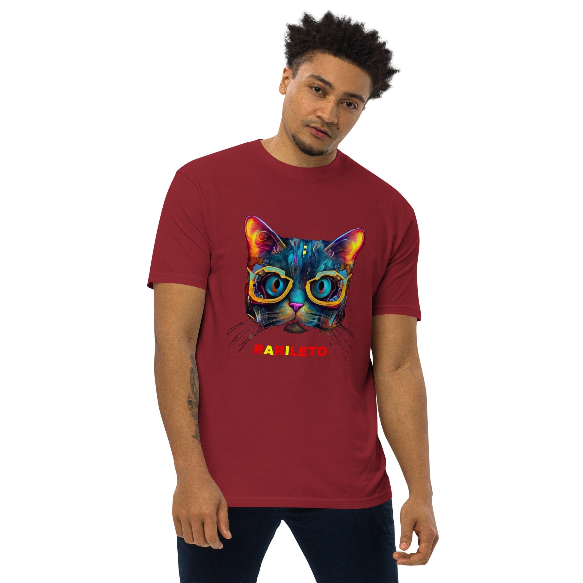 GLOWING CAT Premium Heavyweight T-Shirt - Color Brick Red - Front View on Model - Rarileto
