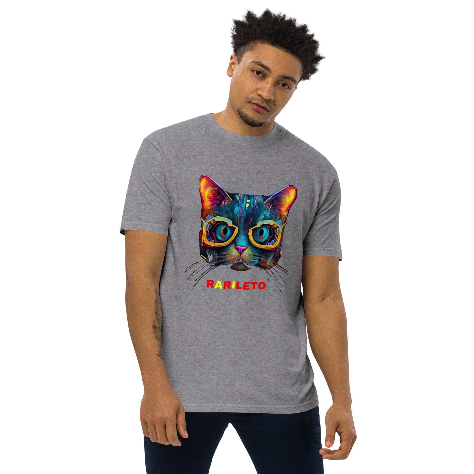 GLOWING CAT Premium Heavyweight T-Shirt - Color Charcoal Heather - Front View on Model - Rarileto
