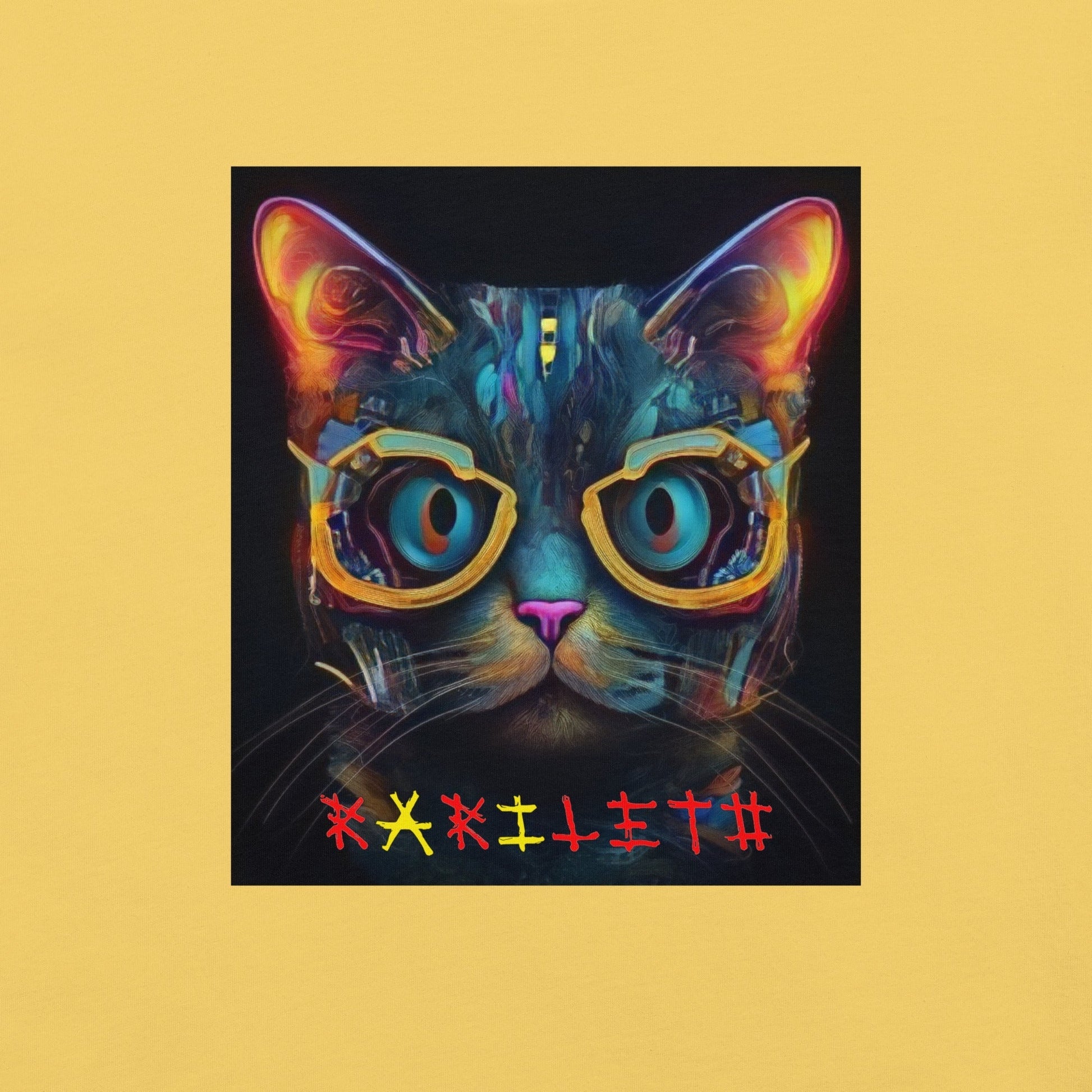 Design front view of the Glowing Cat Classic T-Shirt in maize yellow,  eye-catching glowing cat design. Rarileto.