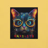 Design front view of the Glowing Cat Classic T-Shirt in maize yellow,  eye-catching glowing cat design. Rarileto.