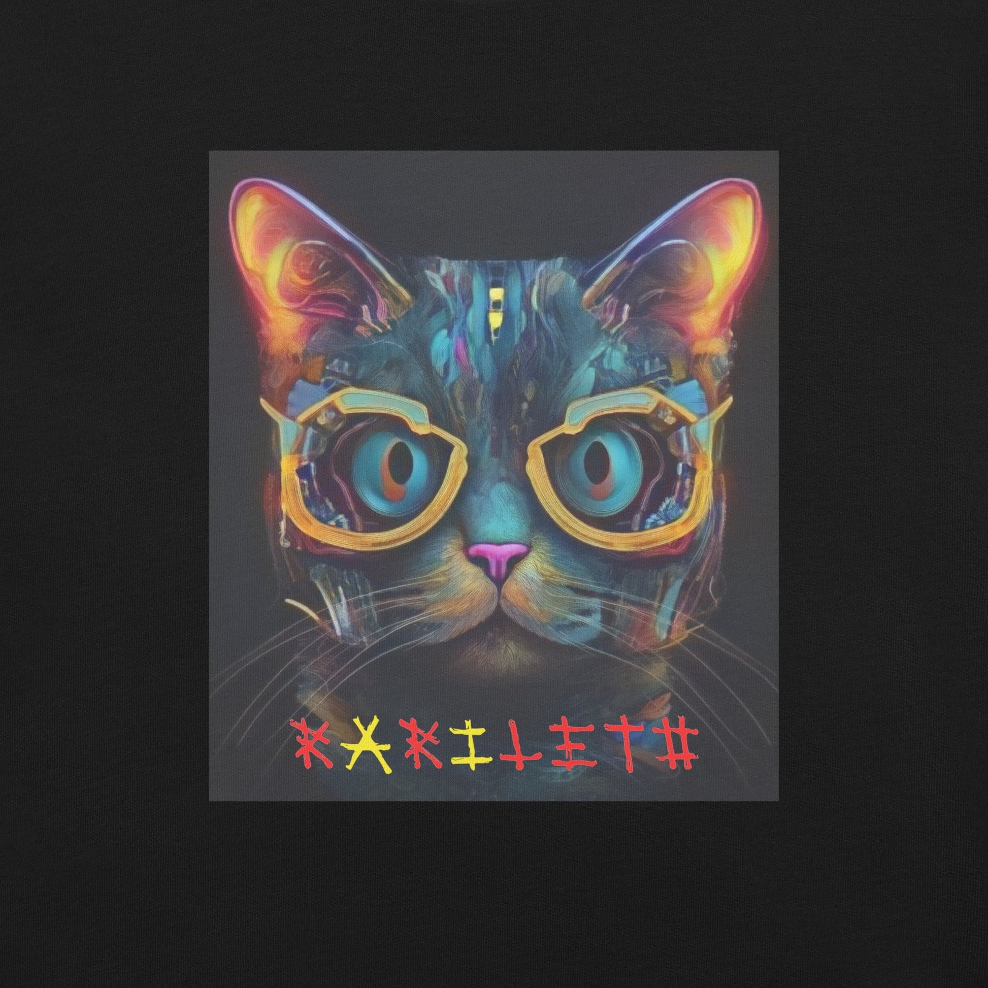 Design front view of the Glowing Cat Classic T-Shirt in black, highlighting the glowing cat design. Rarileto.