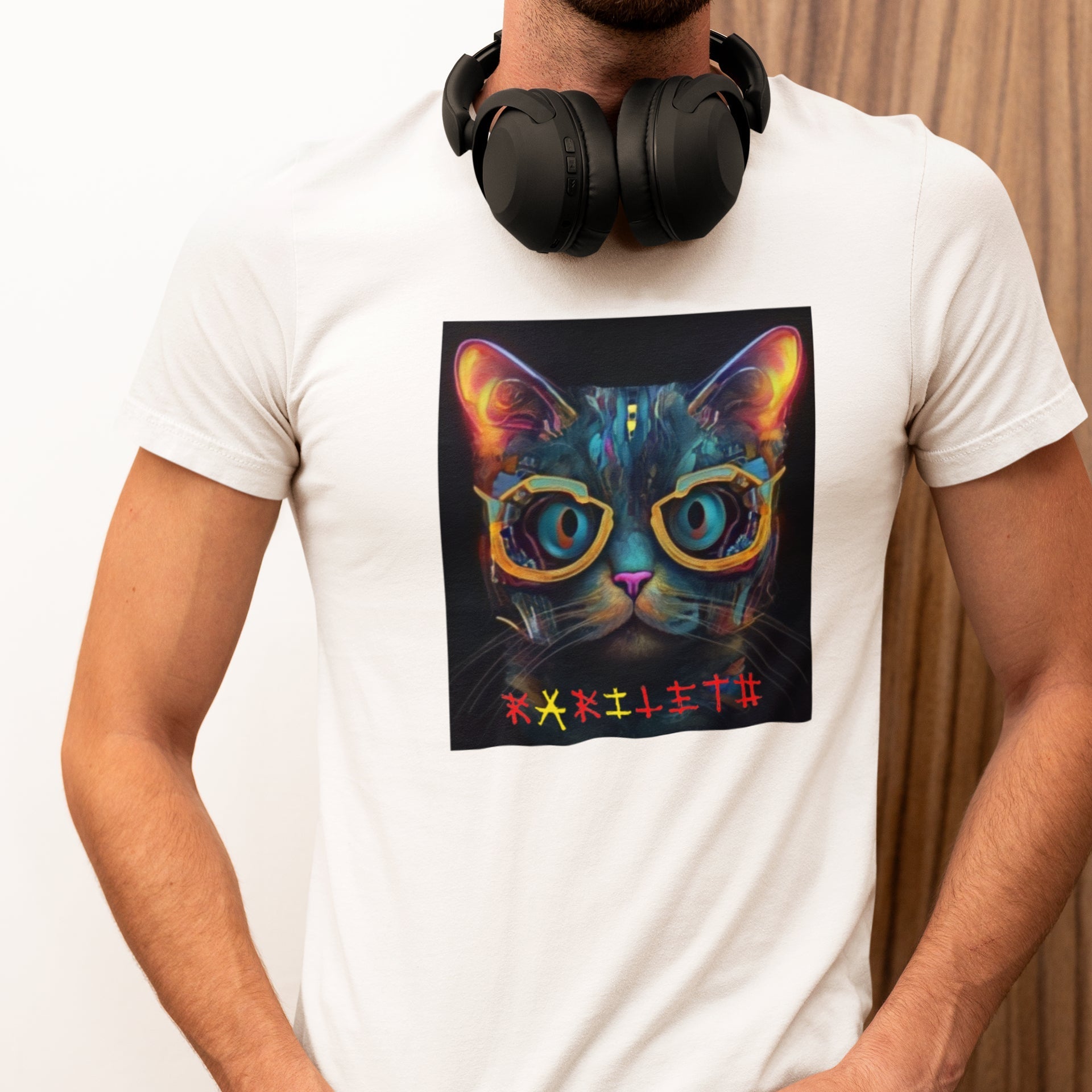 Front view on model wearing the Glowing Cat Classic T-Shirt in white, great for modern streetwear style. Rarileto.