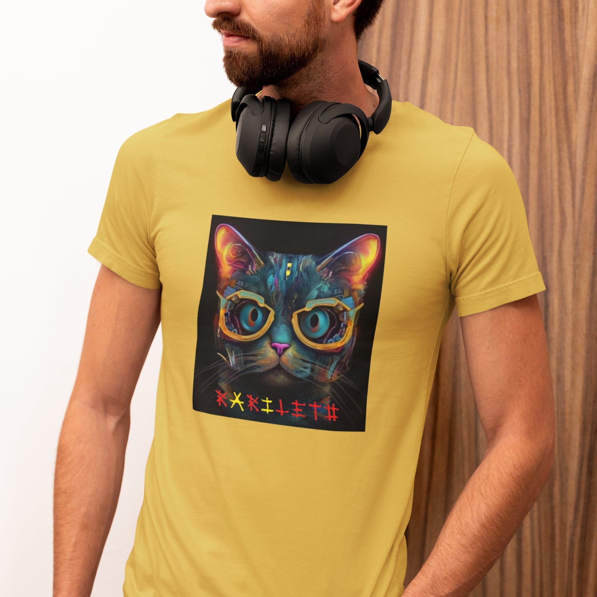 Front view on model wearing the Glowing Cat Classic T-Shirt in maize yellow, ideal for trendy streetwear looks. Rarileto.