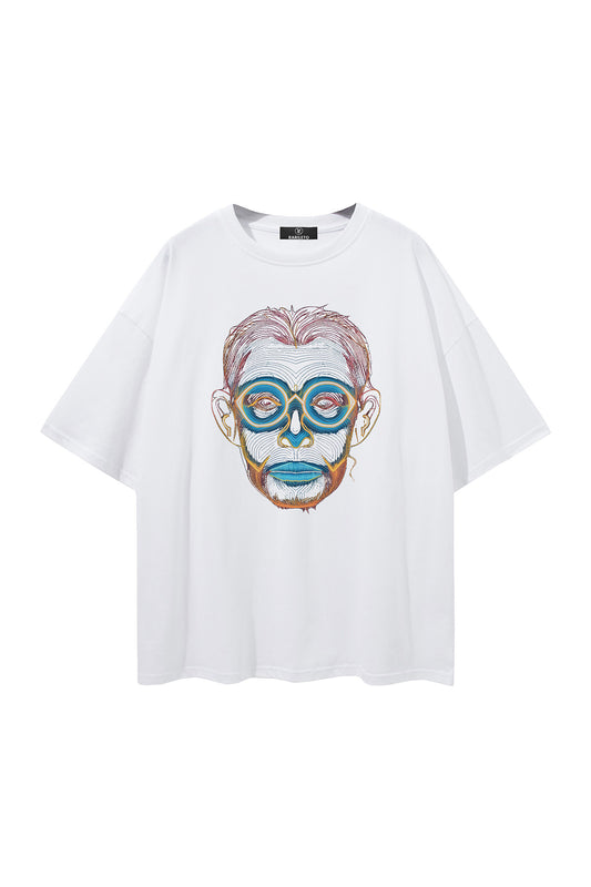 White graphic tee front view — RARILETO Glowing Drop Shoulder Classic Tee