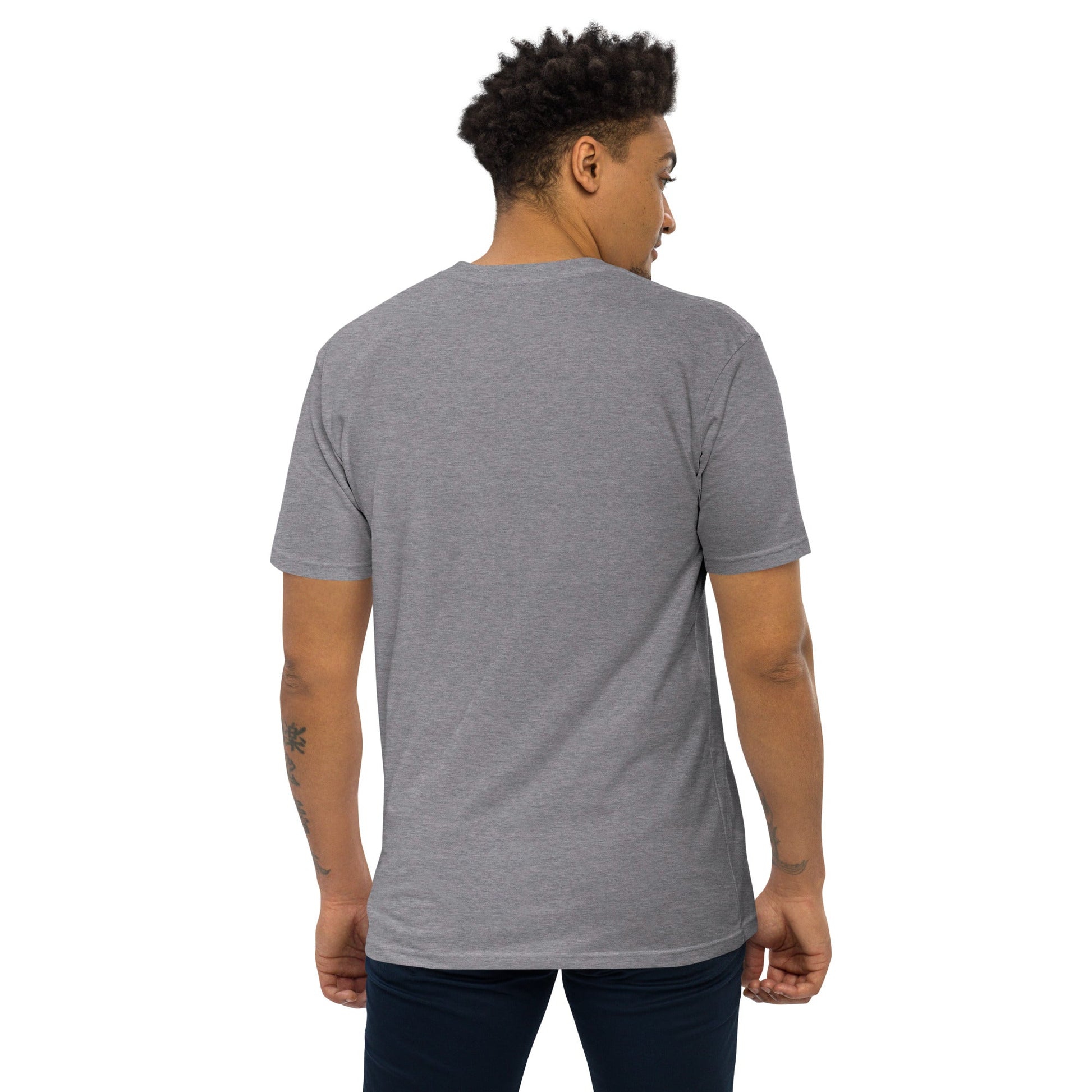 GOOSY Men’s Premium Heavyweight T-Shirt - Color Carbon Grey - Back View on Model - Rarileto
