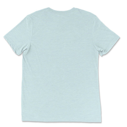 Back view of the Gossy Triblend T-Shirt in ice blue, offering a relaxed, everyday fit. Rarileto.