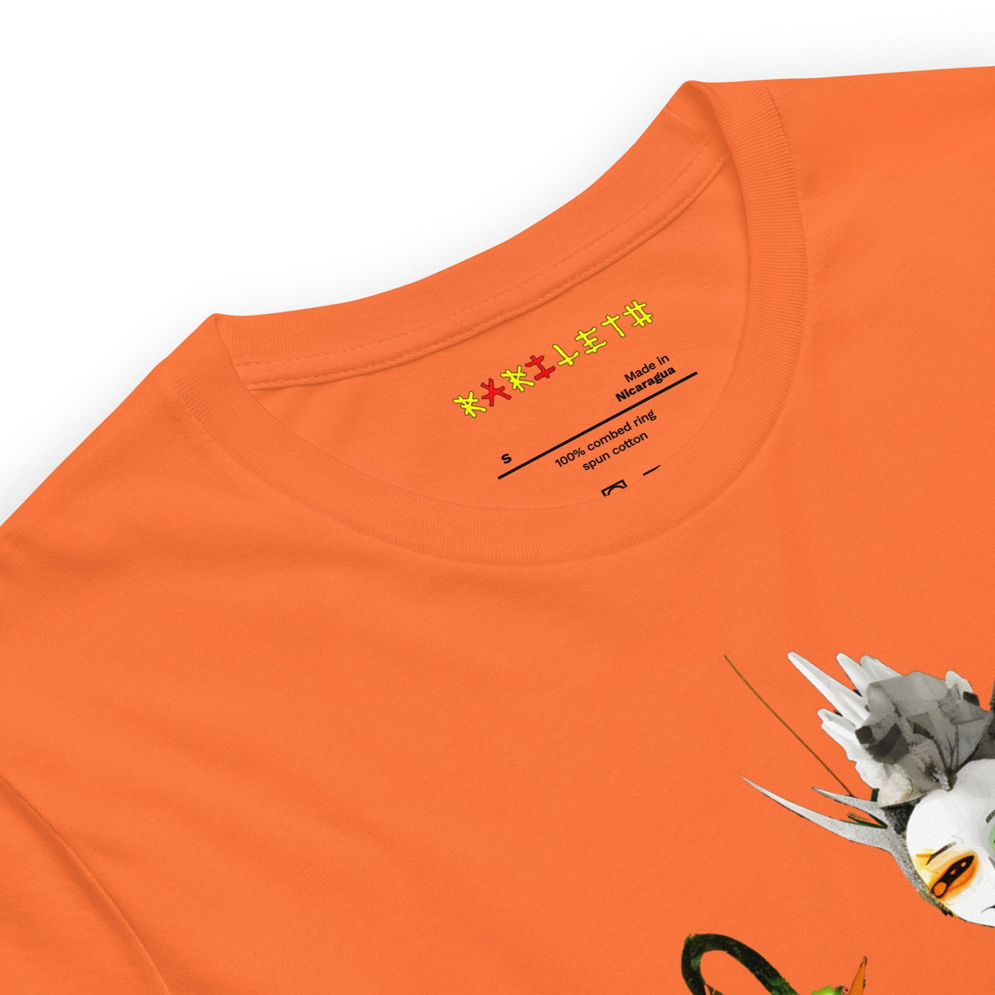 Neck Orange: GREEN META ALIEN Premium Crewneck T-Shirt in Orange (Neck View)