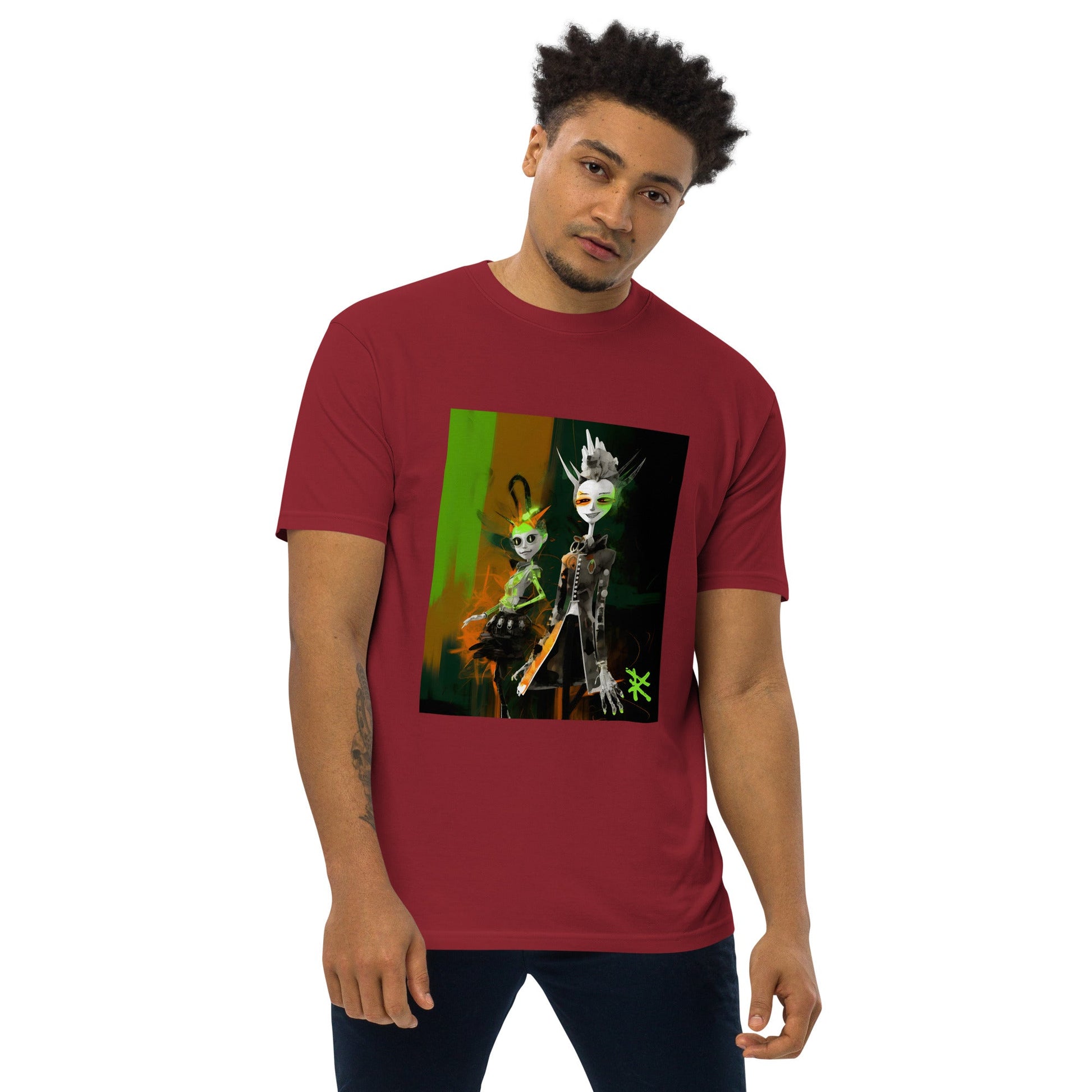 GREEN META ALIENS Premium Heavyweight T-Shirt - Color Brick Red - Front View on Model - Rarileto
