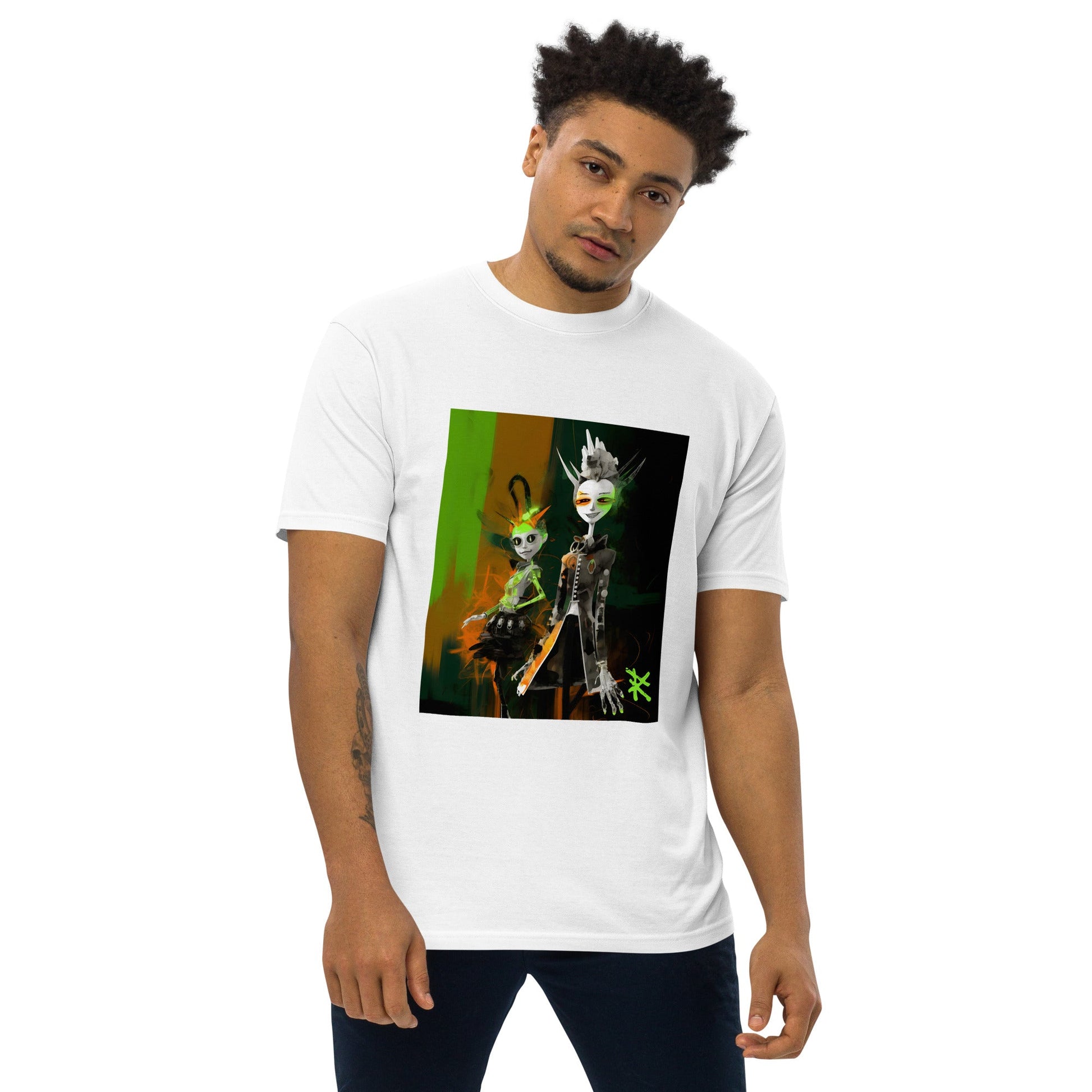 GREEN META ALIENS Premium Heavyweight T-Shirt - Color White - Front View on Model - Rarileto
