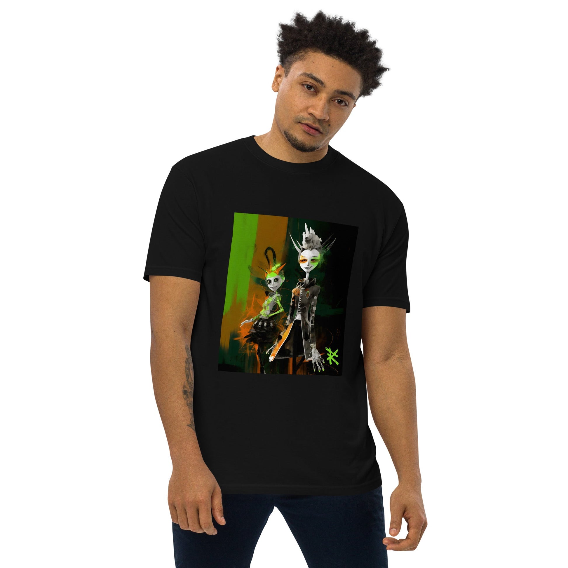 GREEN META ALIENS Premium Heavyweight T-Shirt - Color Black - Front View on Model - Rarileto
