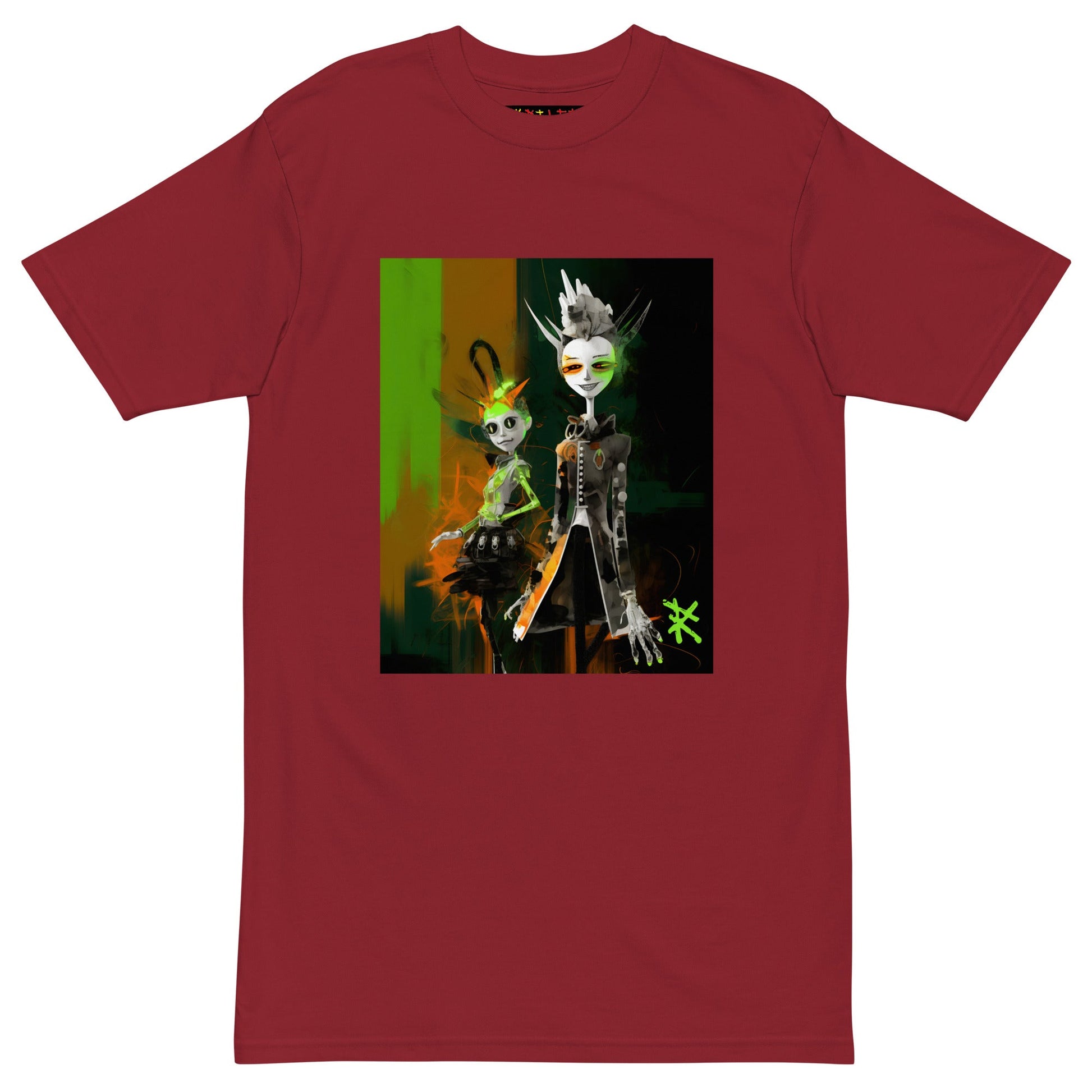 GREEN META ALIENS Premium Heavyweight T-Shirt - Color Brick Red - Front View - Rarileto
