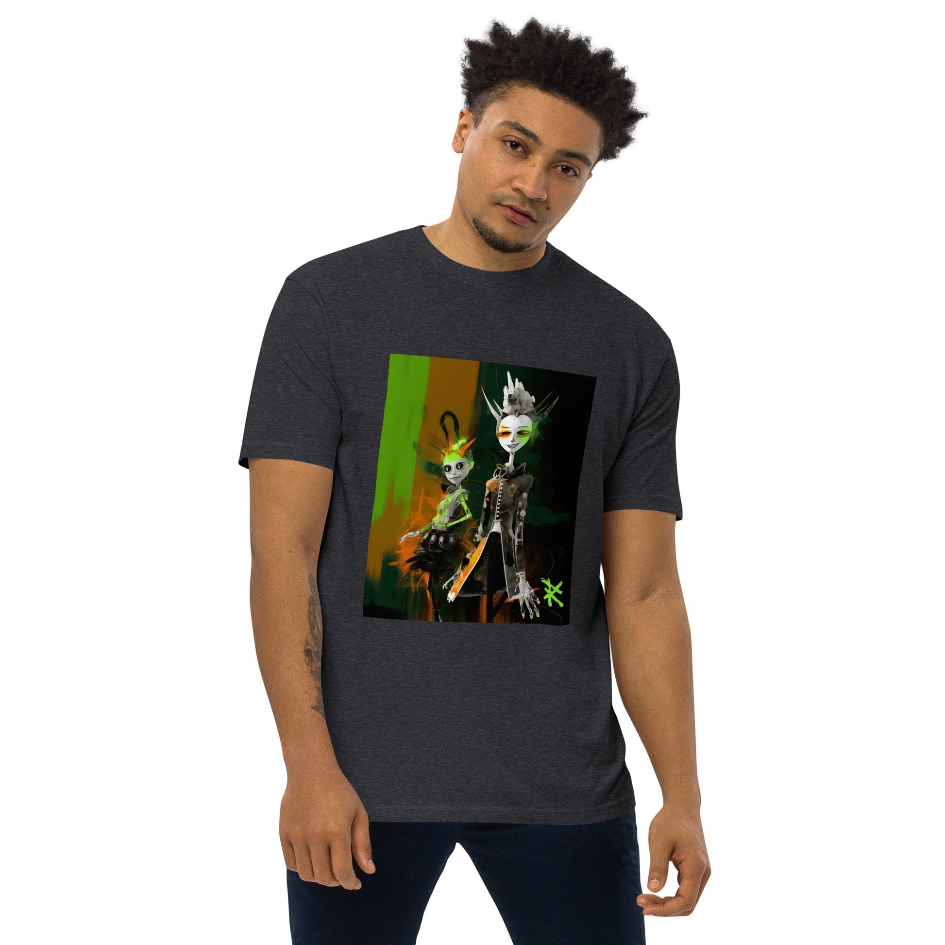 GREEN META ALIENS Premium Heavyweight T-Shirt - Color Charcoal Heather - Front View on Model - Rarileto
