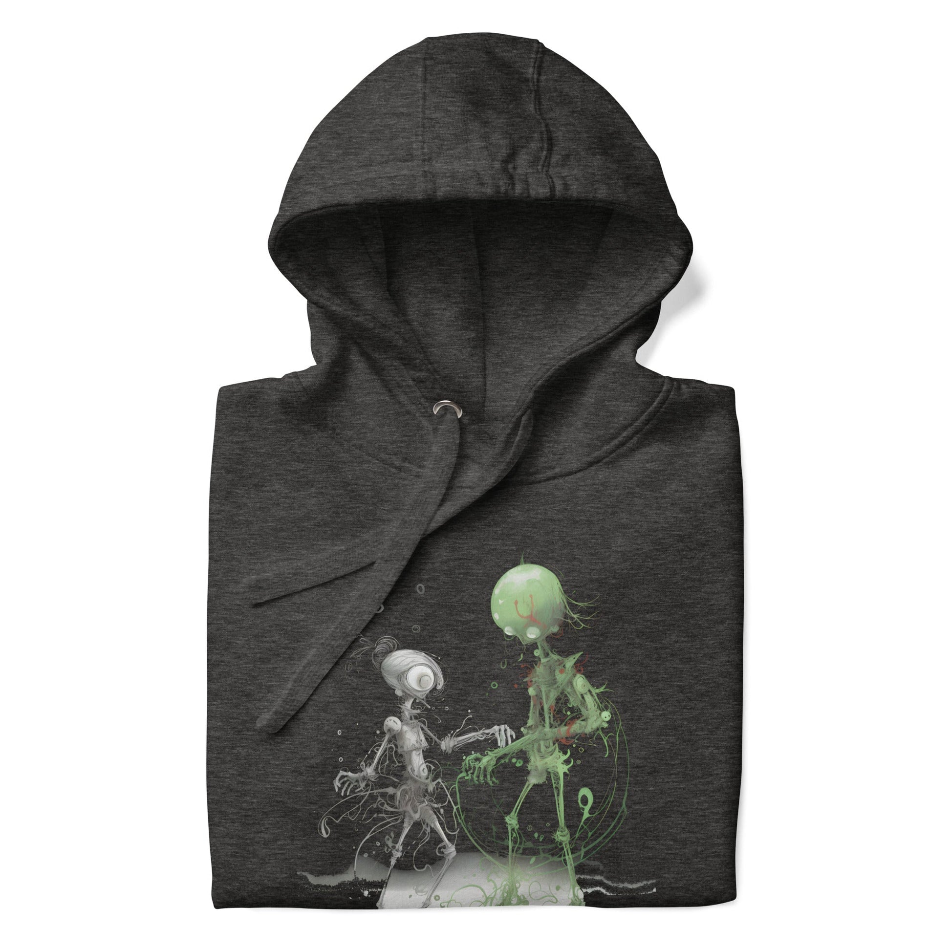 GROOVY MARTIAN DANCE PARTY Hoodie in Charcoal Heather - Rarileto - Folded View