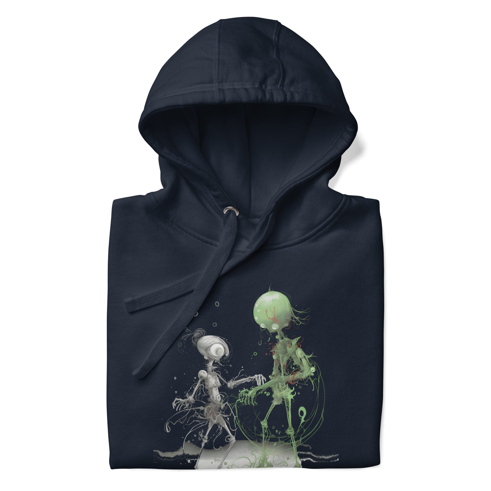 GROOVY MARTIAN DANCE PARTY Hoodie in Navy Blazer - Rarileto - Folded View