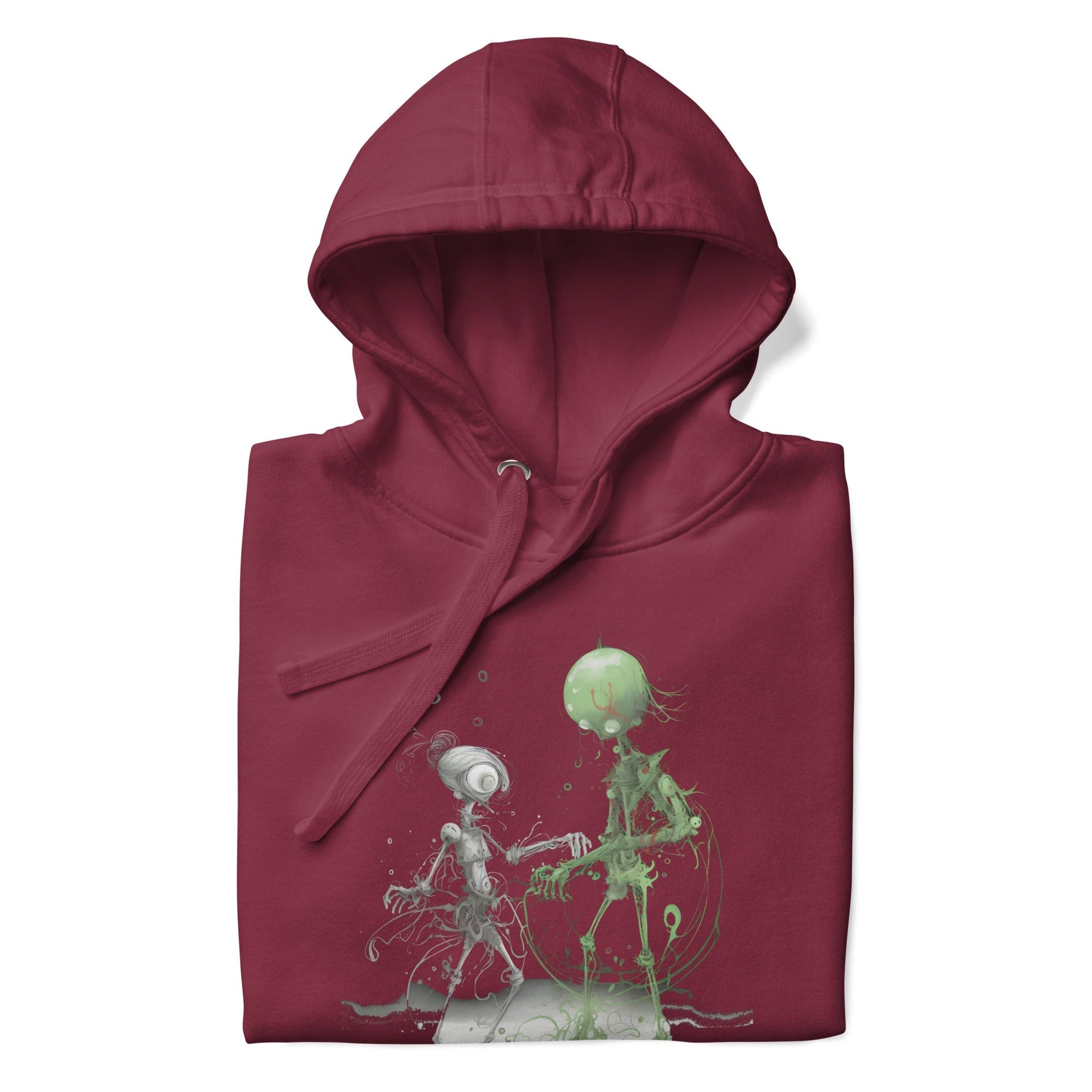 GROOVY MARTIAN DANCE PARTY Hoodie in Maroon - Rarileto - Folded View