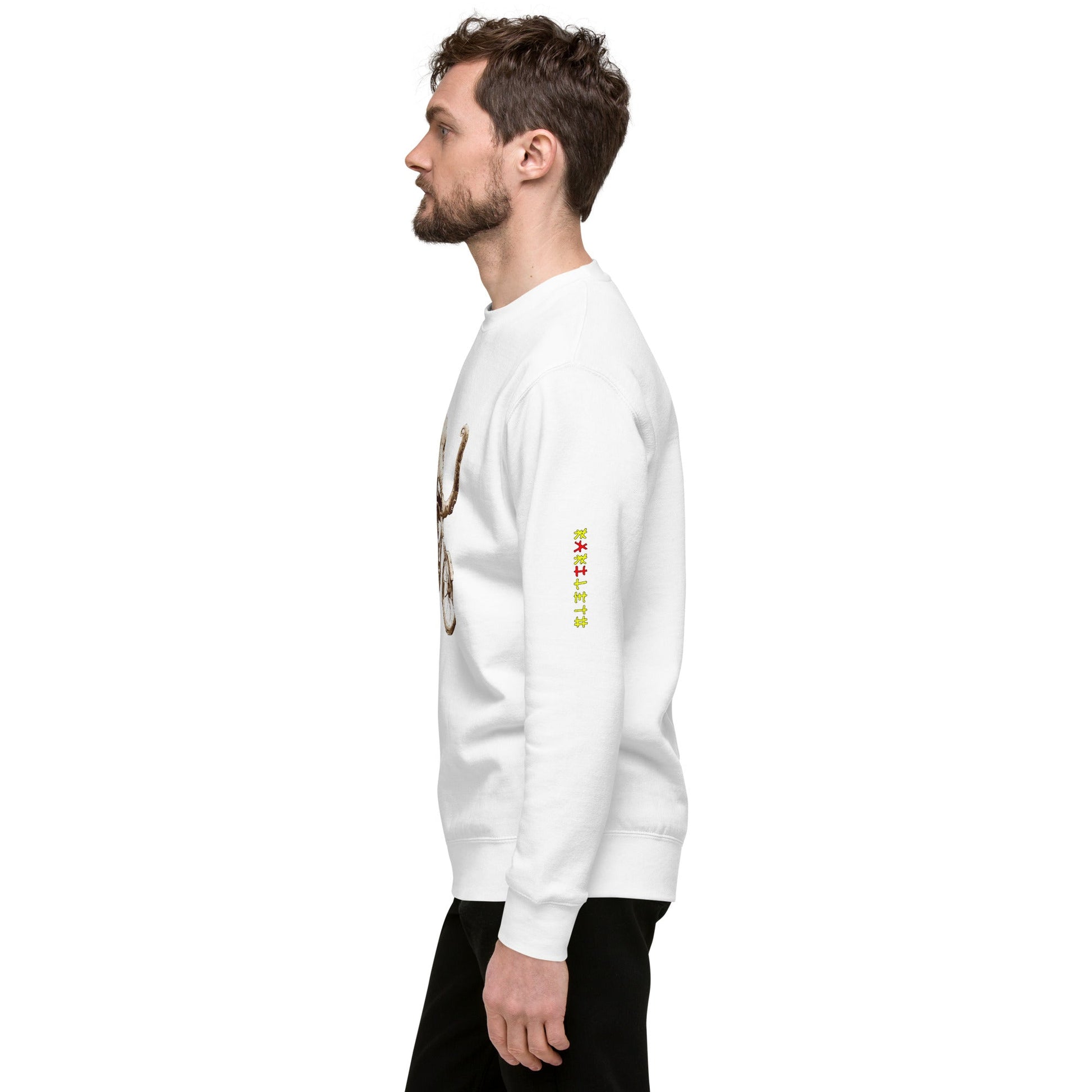 Male Model Left: GRUNGE ELEPHANT Sweatshirt in White on Male Model - Left View