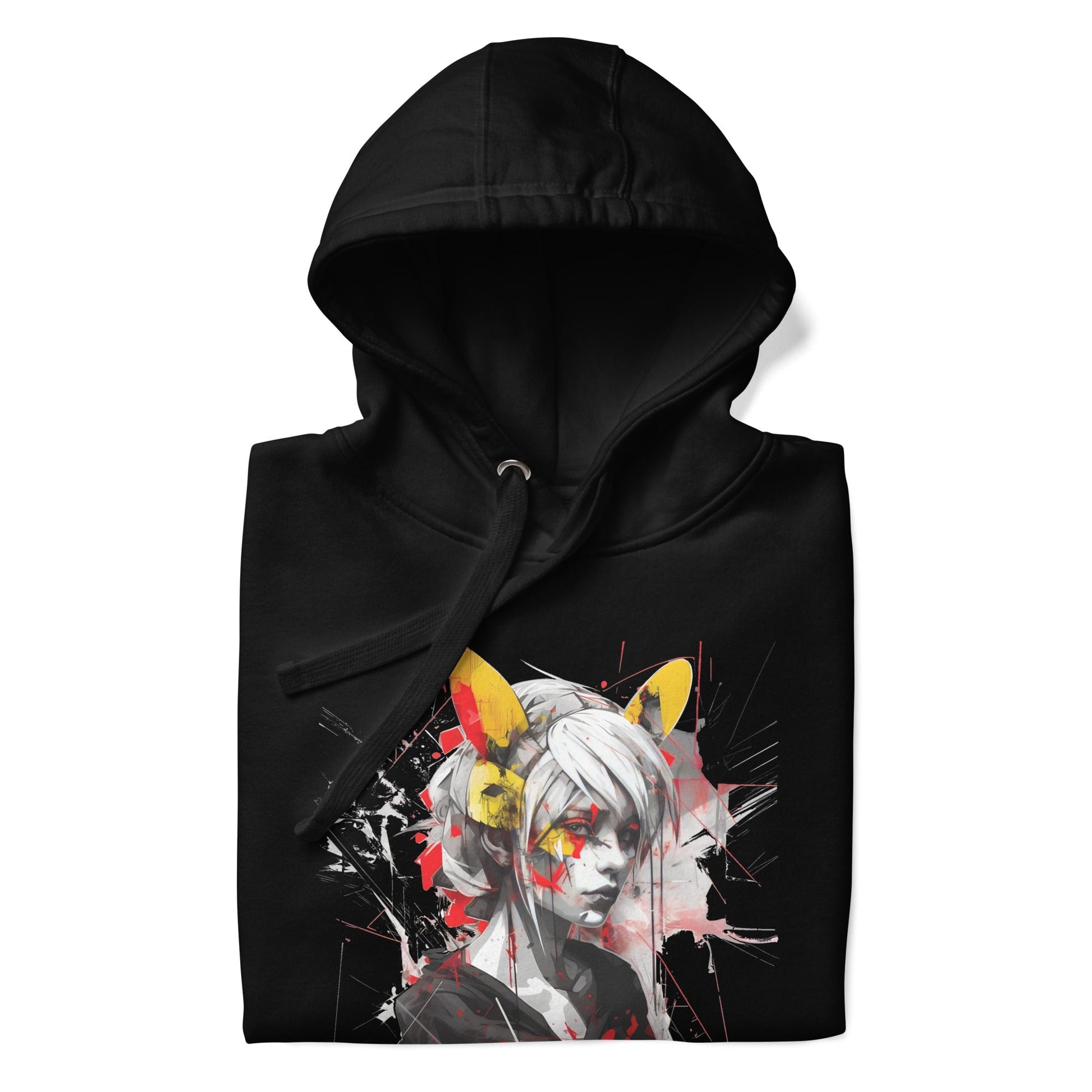 KAWAII CAT GIRL Hoodie in Black - Rarileto - Folded View