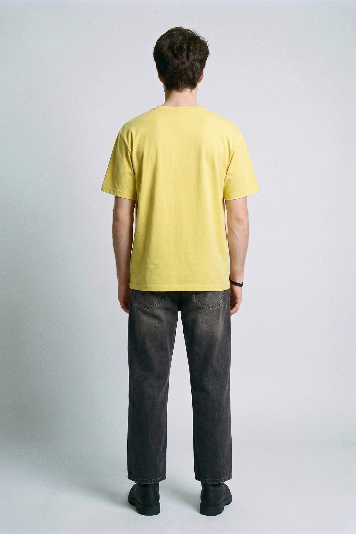 Lemon male model back view — RARILETO Brushed Stroke Logo Classic Tee