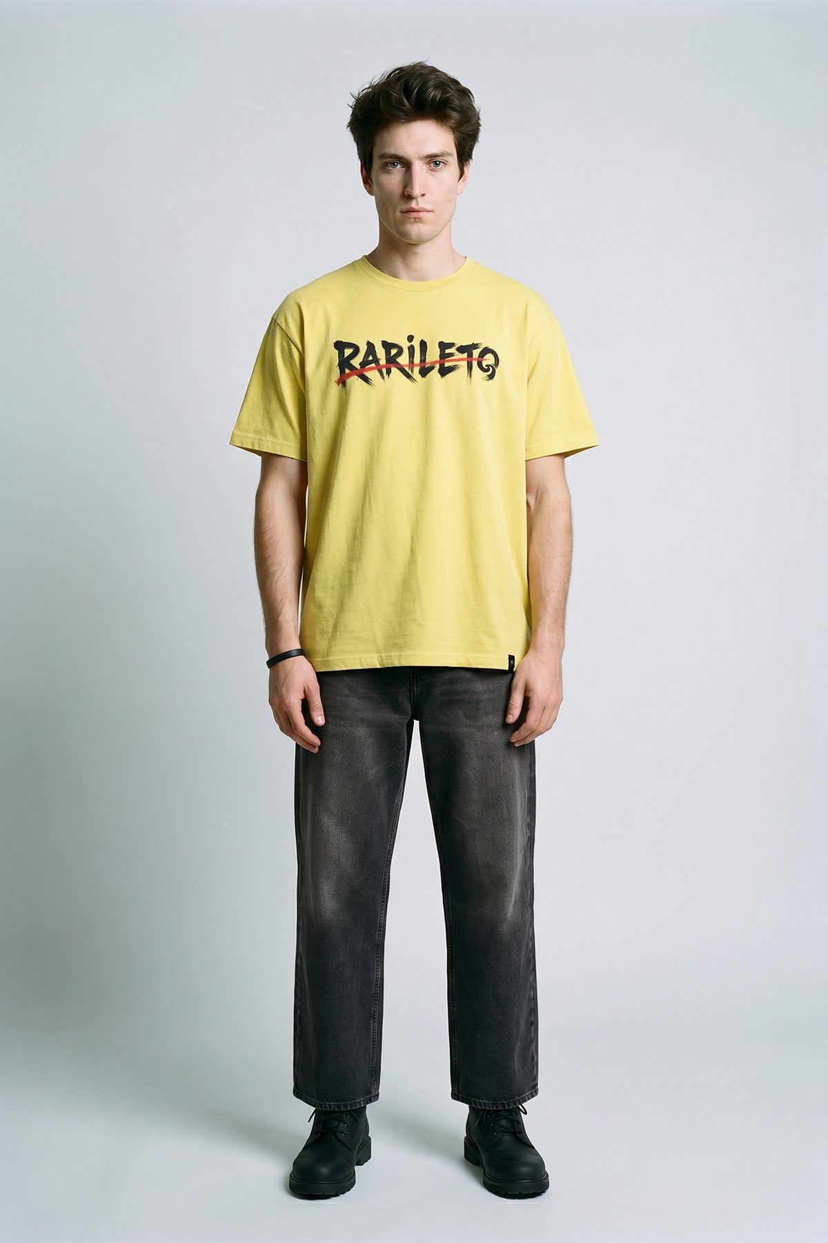 Lemon male model wearing front view — RARILETO Brushed Stroke Logo Classic Tee
