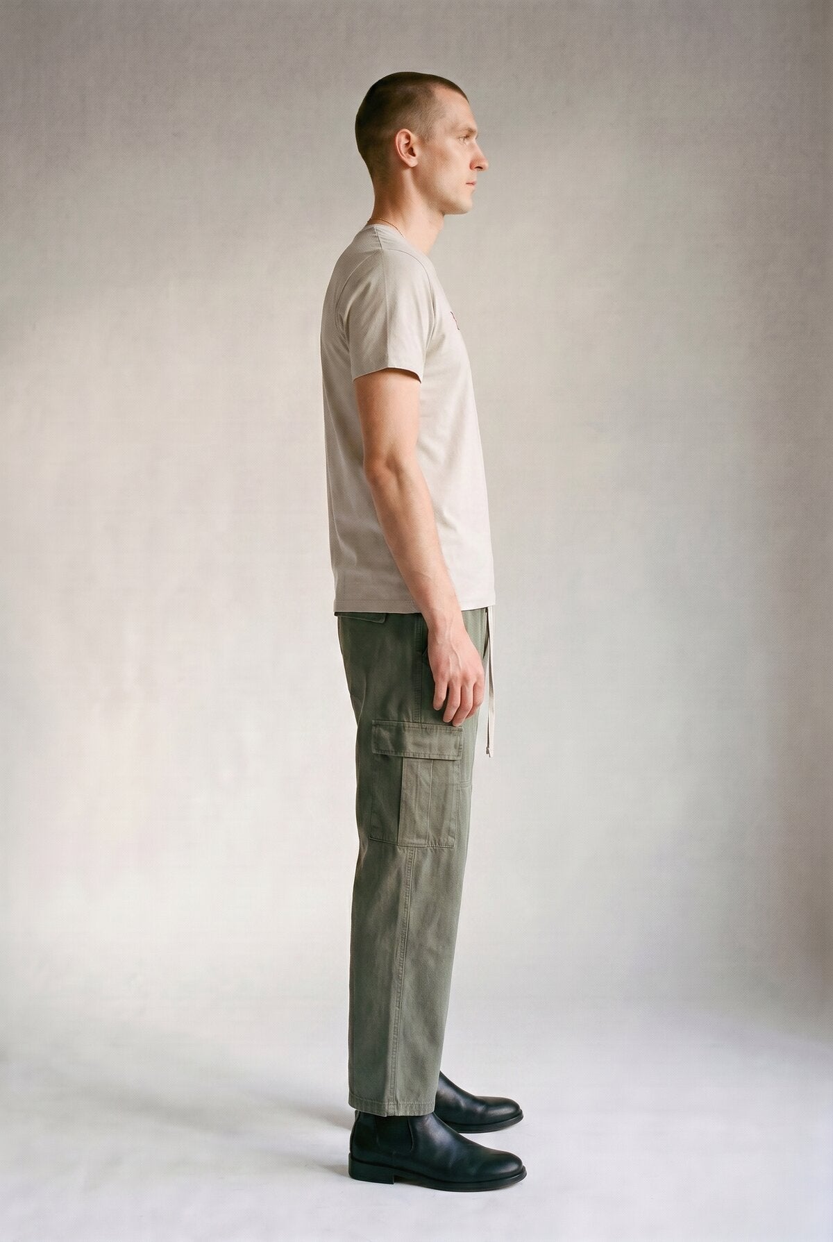 Ecru male model side view — RARILETO Special Classic Tee