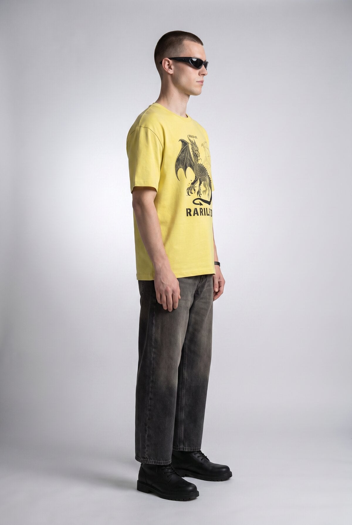 Lemon male model side view — RARILETO Drago Classic Tee